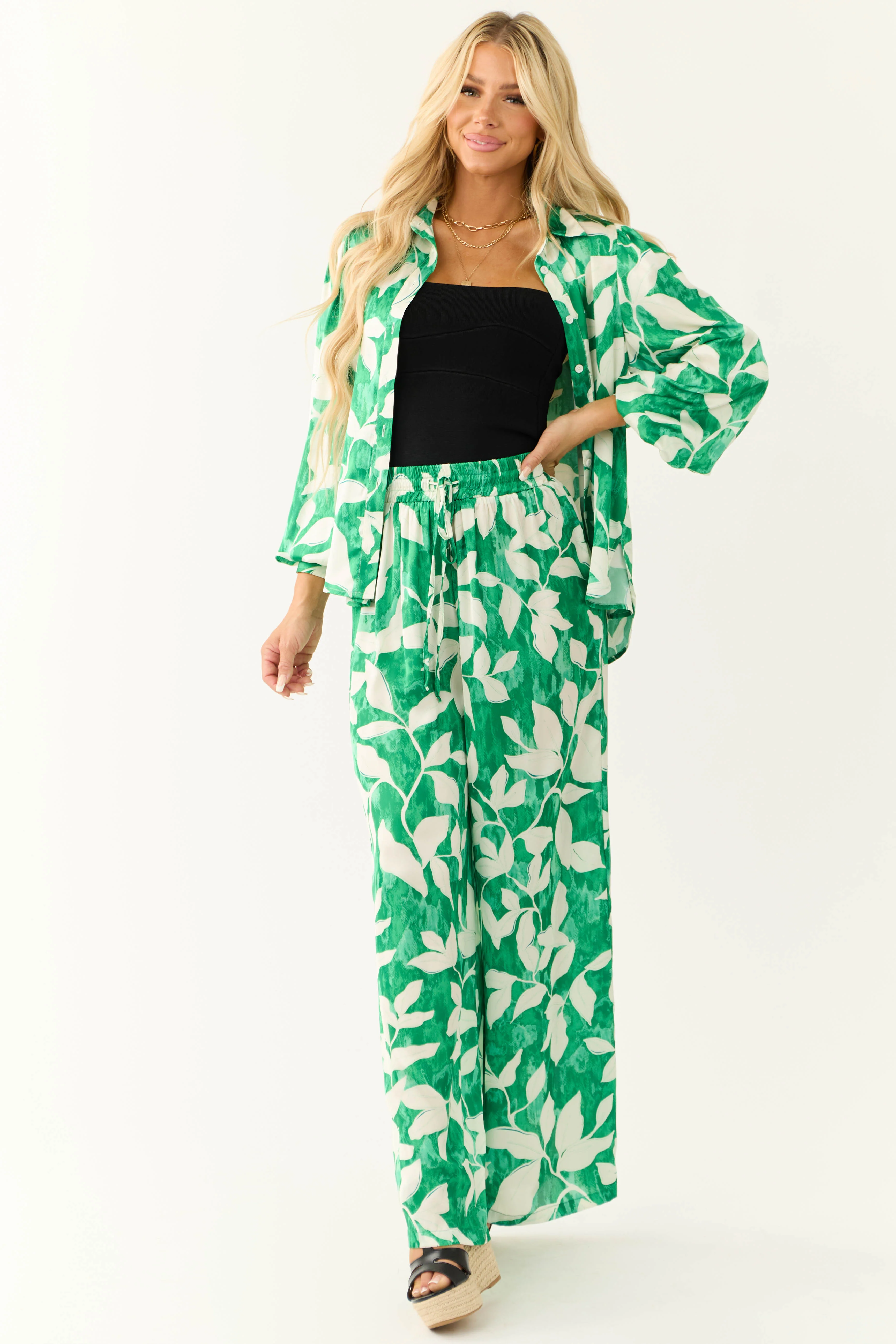 Flying Tomato Jade Leaf Print Satin Shirt - Image 3