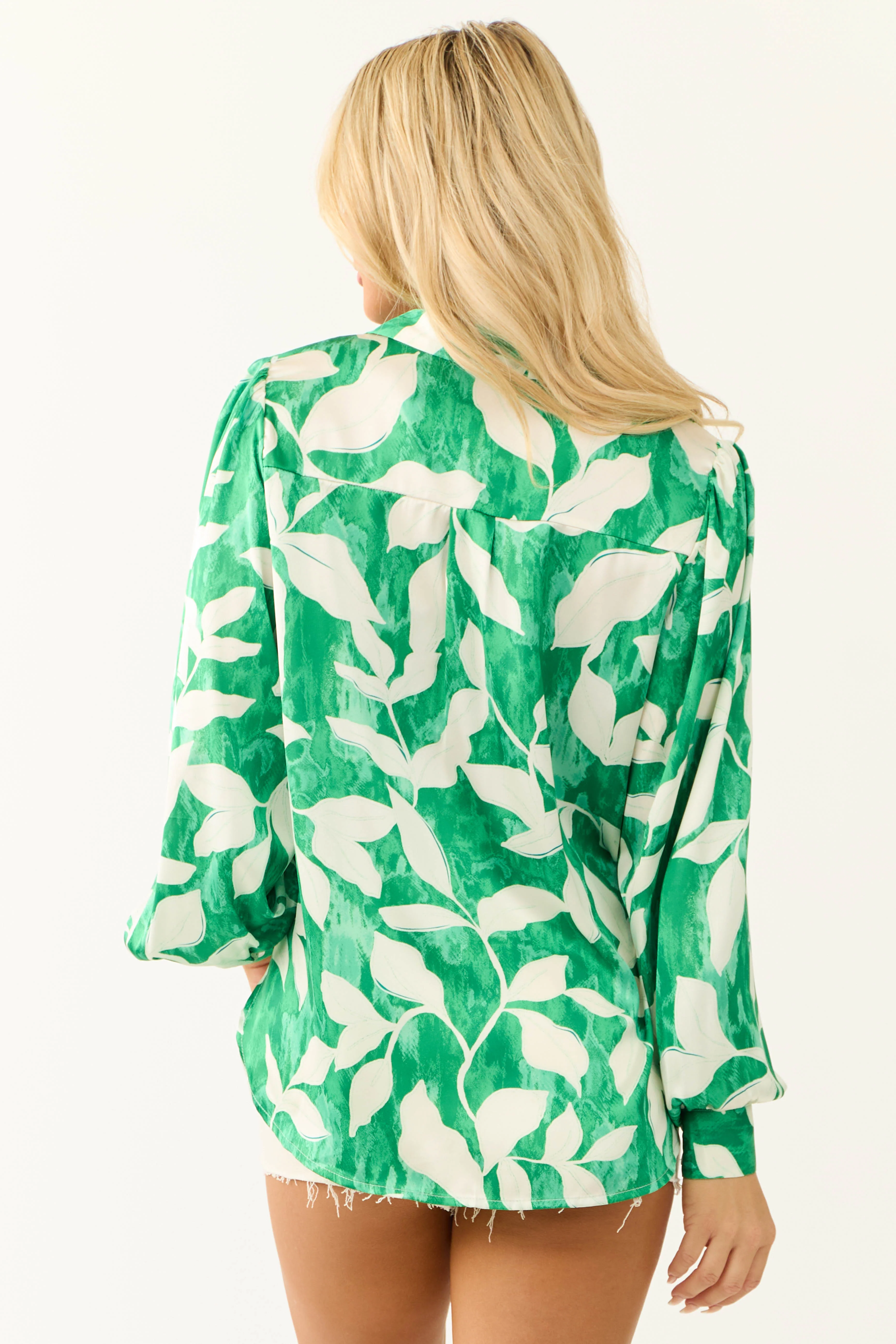 Flying Tomato Jade Leaf Print Satin Shirt - Image 6