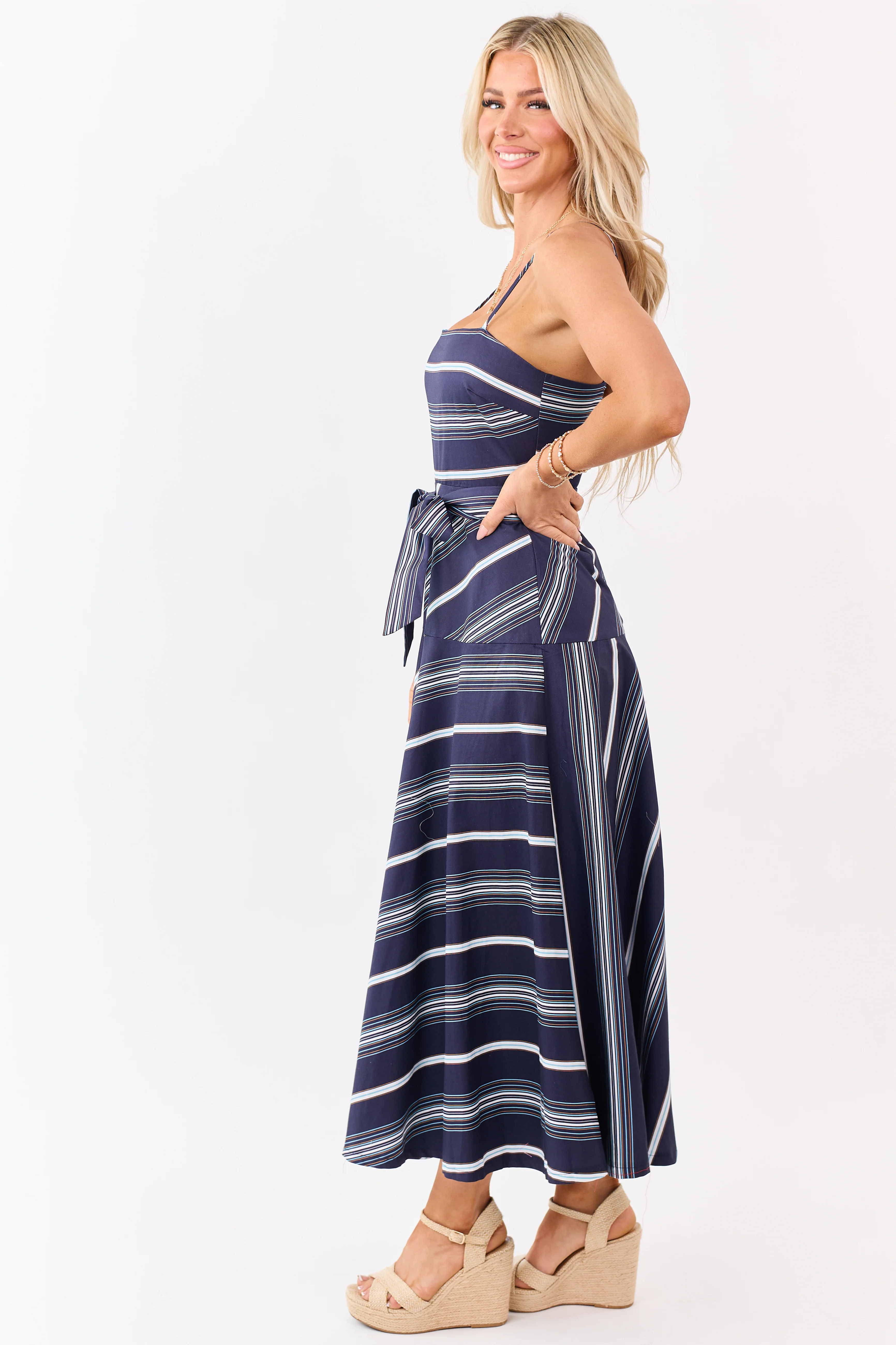 Flying Tomato Navy Striped Cotton Midi Dress - Image 4