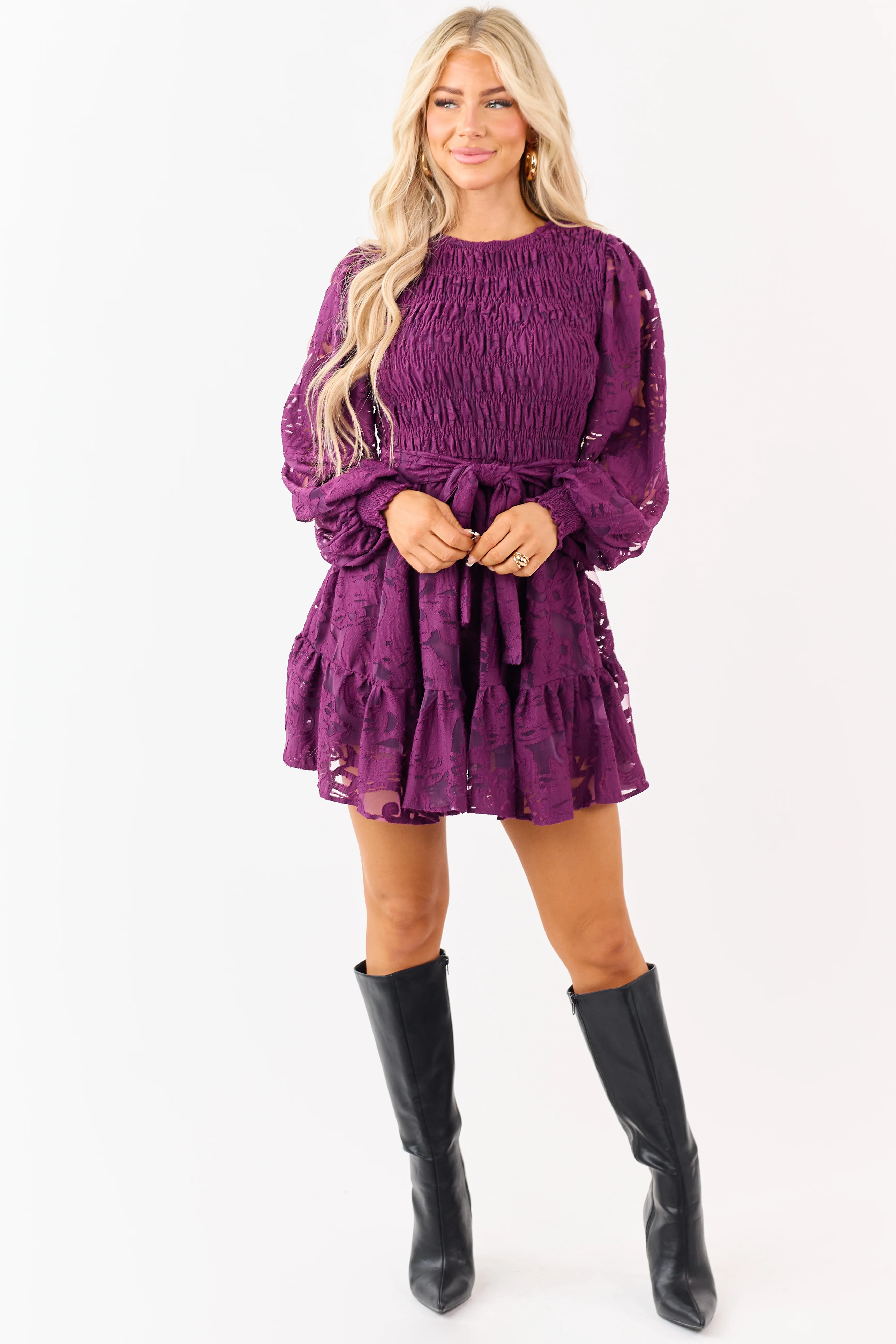 Flying Tomato Plum Floral Lace Smocked Mini Dress - Image 4