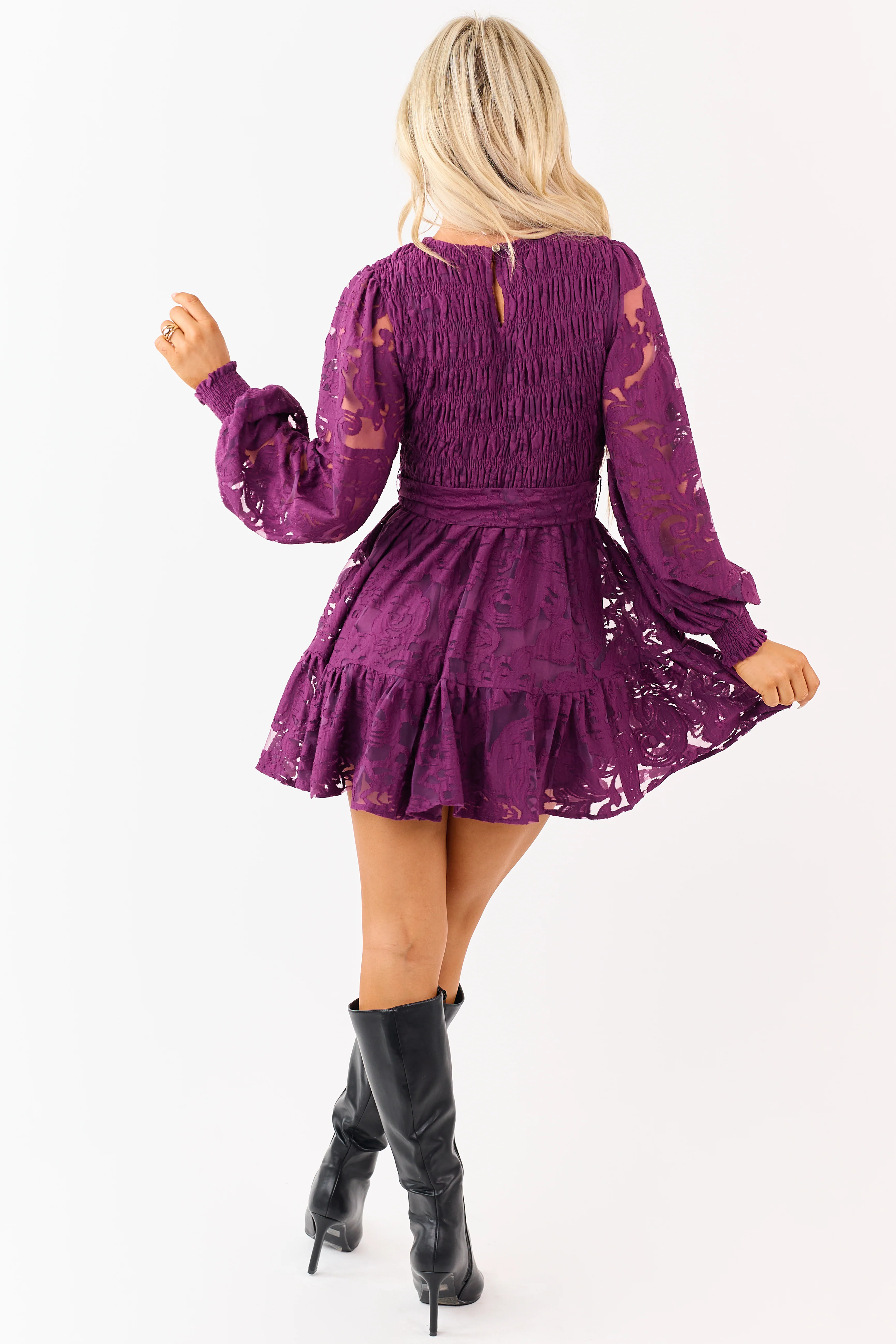 Flying Tomato Plum Floral Lace Smocked Mini Dress - Image 6