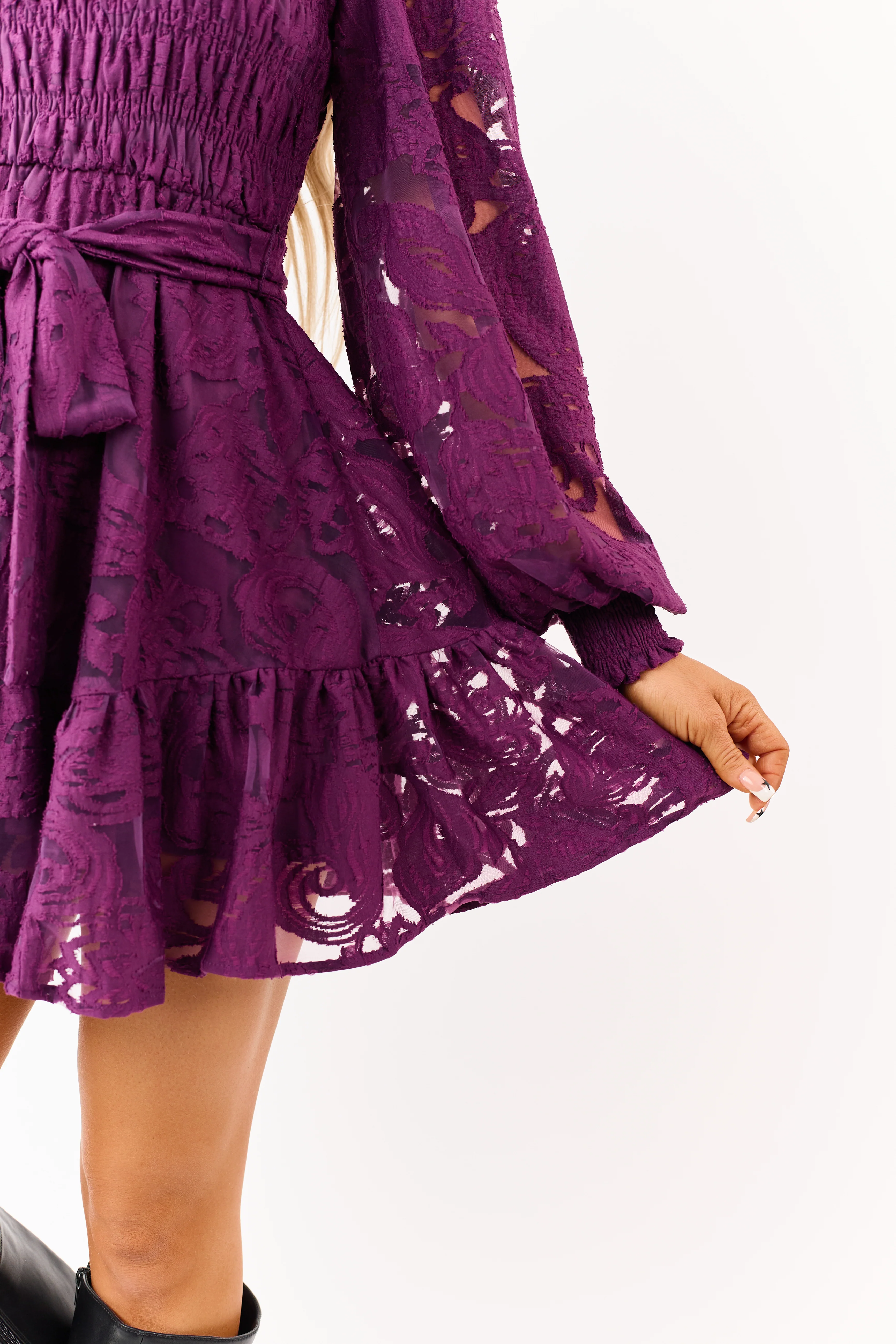 Flying Tomato Plum Floral Lace Smocked Mini Dress - Image 7