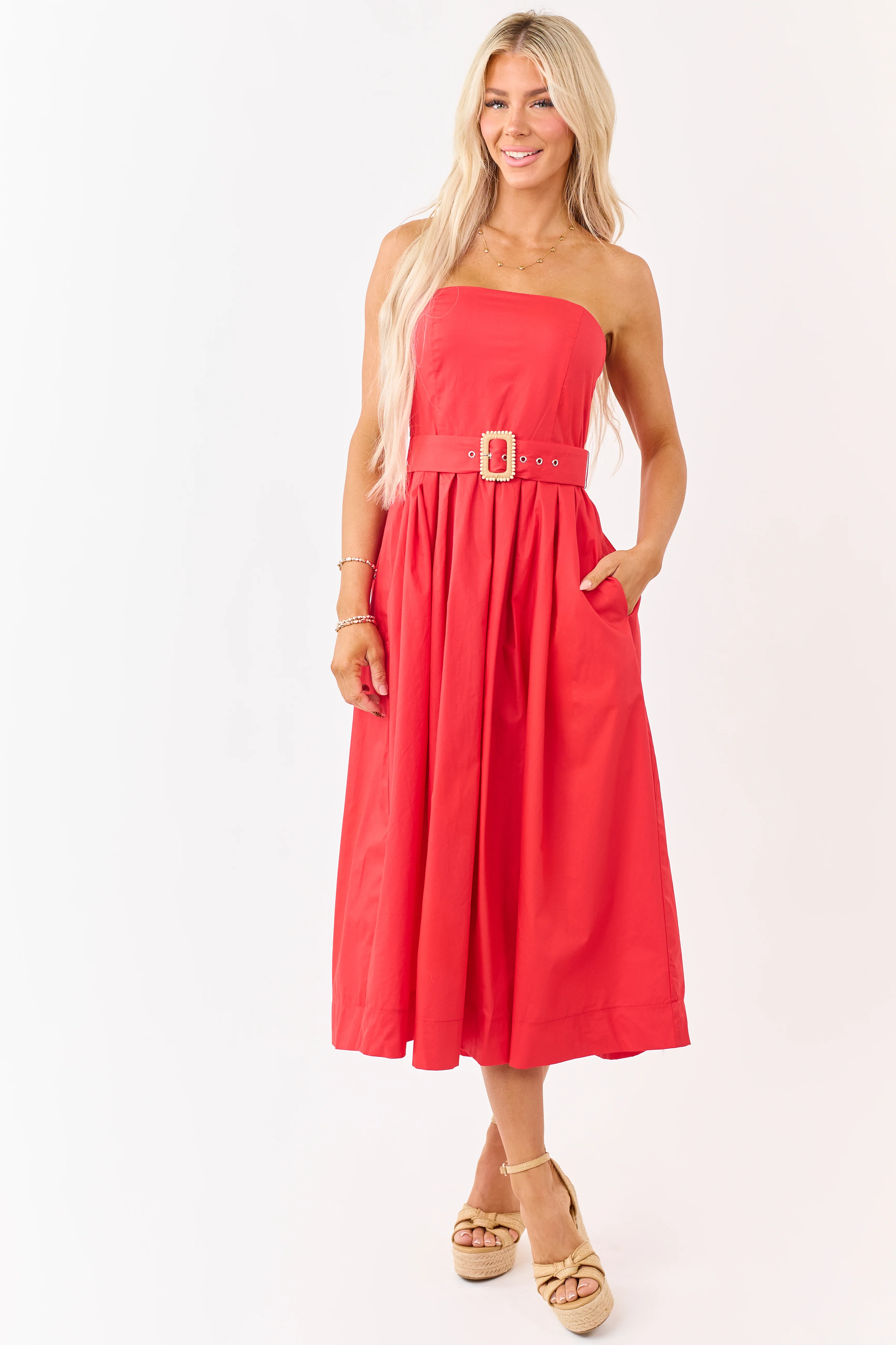 Flying Tomato Scarlet Cotton Strapless Midi Dress - Image 2