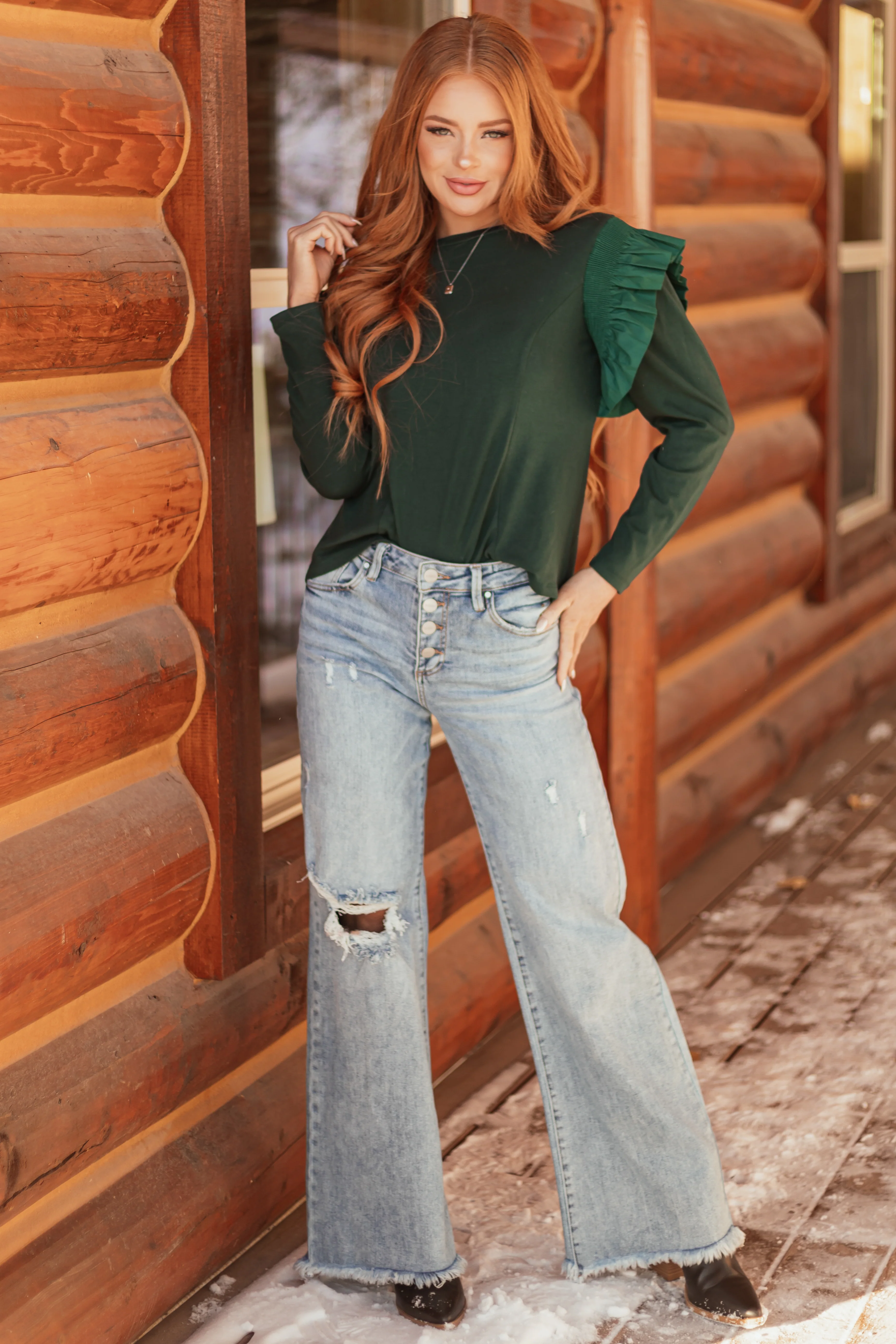 Forest Green Ruffle Shoulder Long Sleeve Knit Top - Image 3