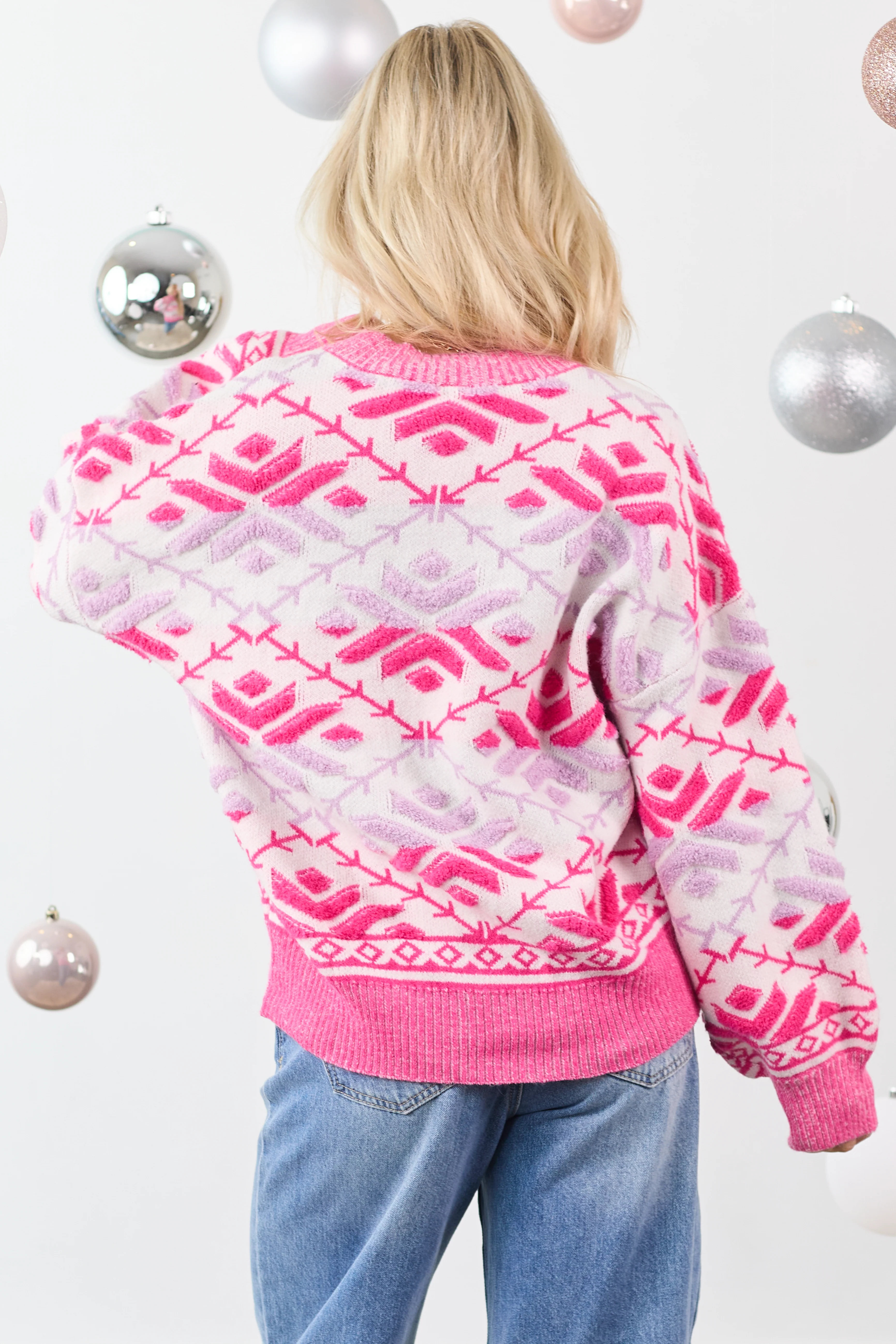 Fuchsia Abstract Snowflake Print Knit Sweater - Image 7