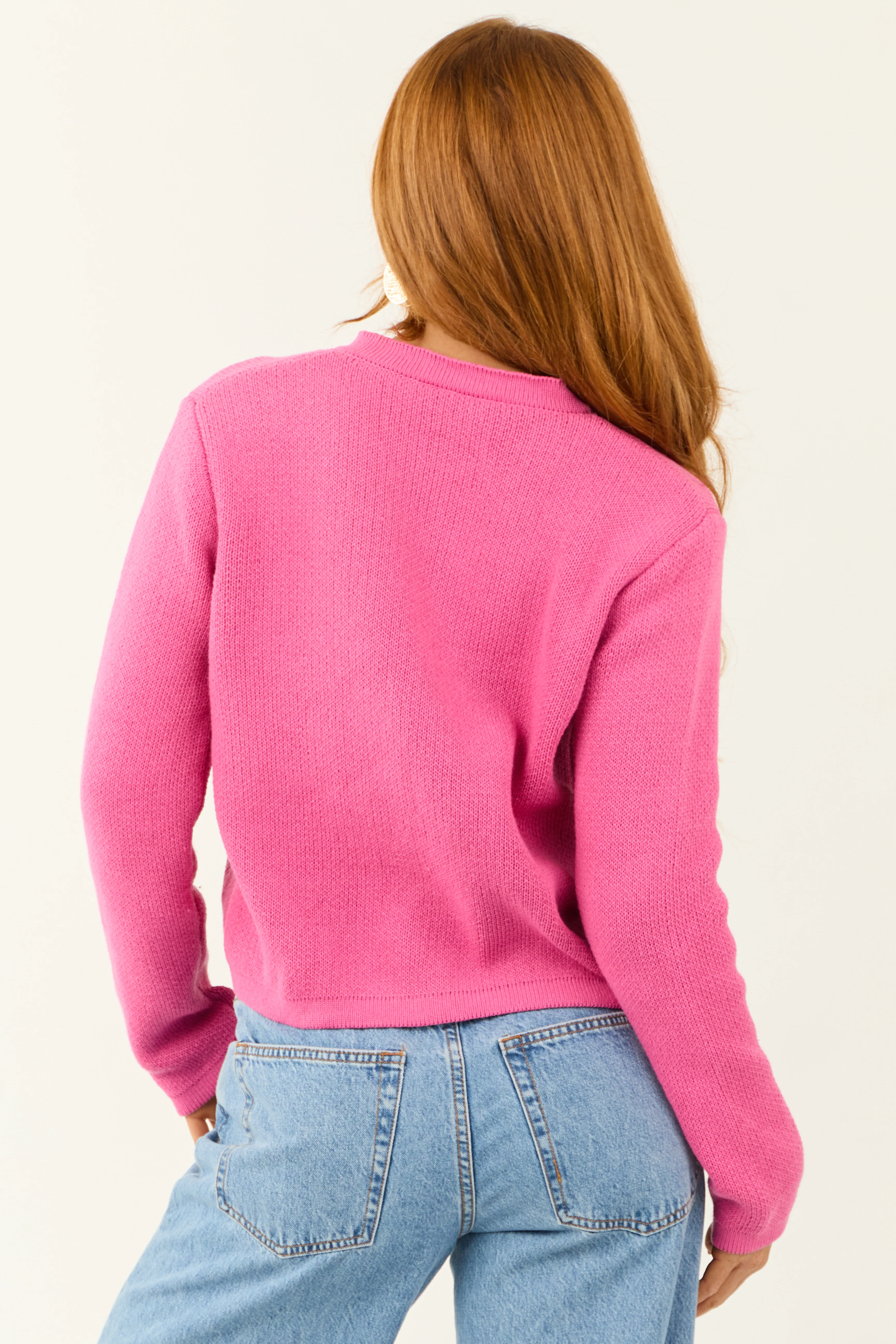 Fuchsia Button Down Long Sleeve Knit Cardigan - Image 5