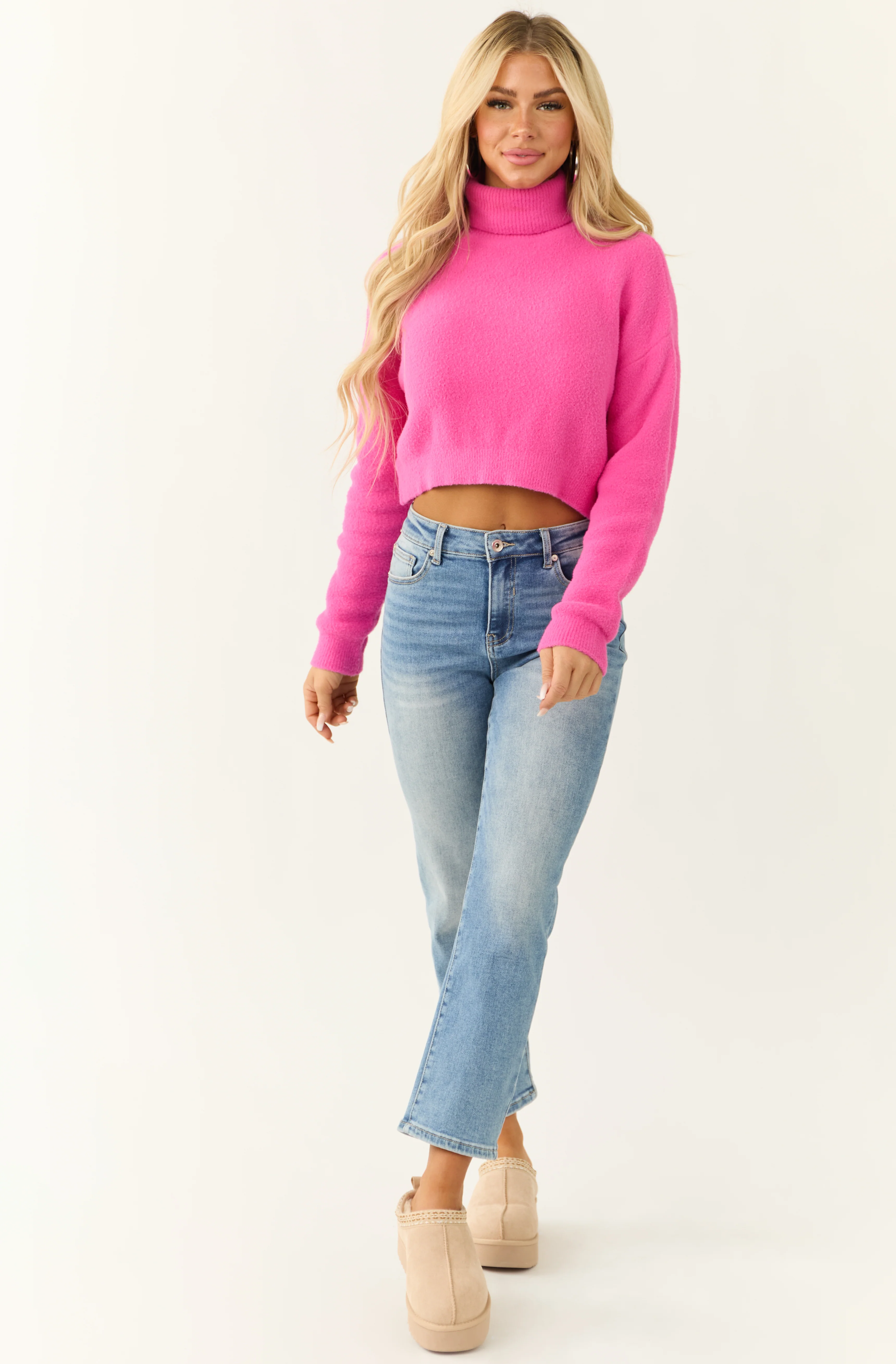 Fuchsia Cropped Turtleneck Fuzzy Sweater - Image 3
