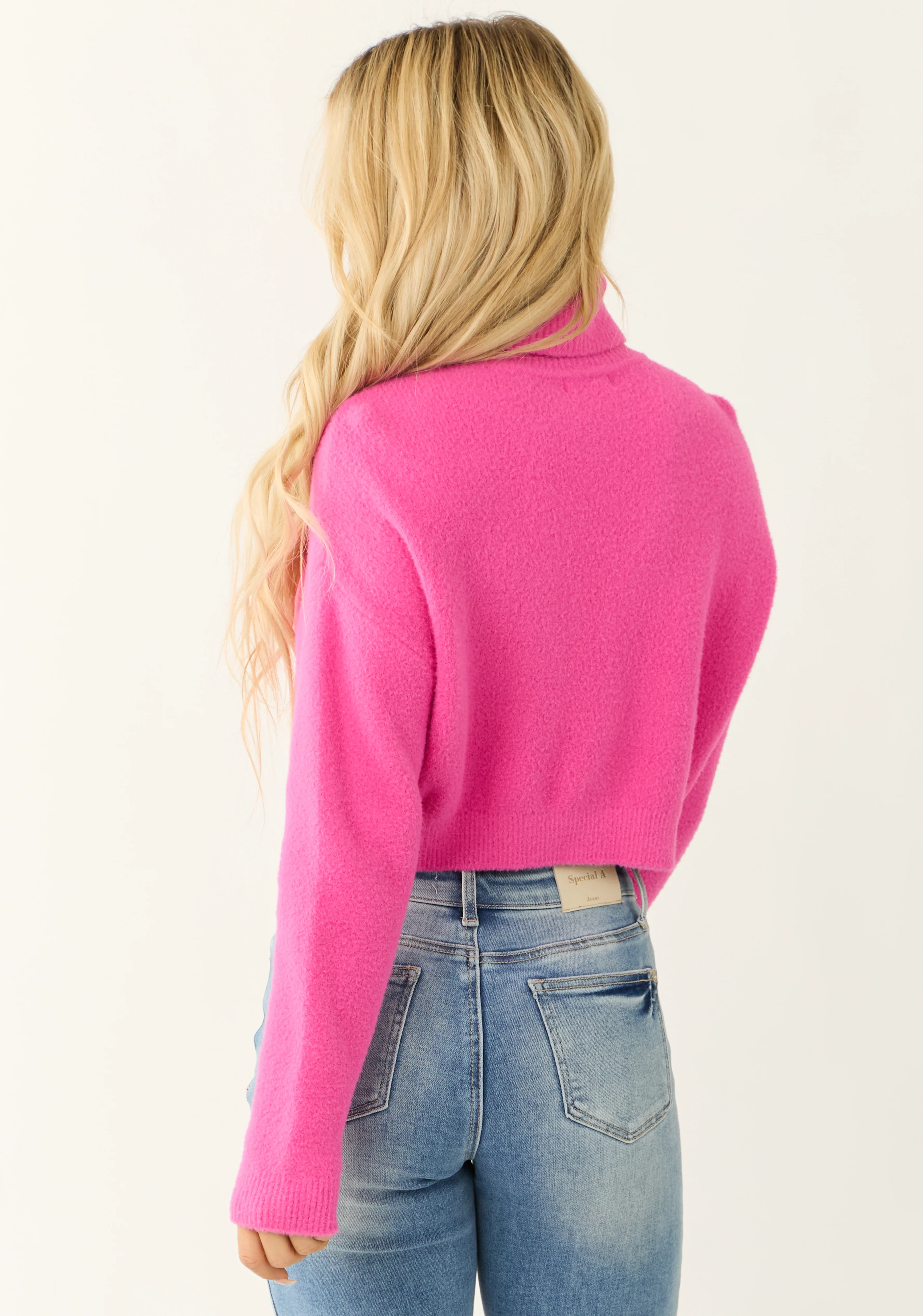 Fuchsia Cropped Turtleneck Fuzzy Sweater - Image 6