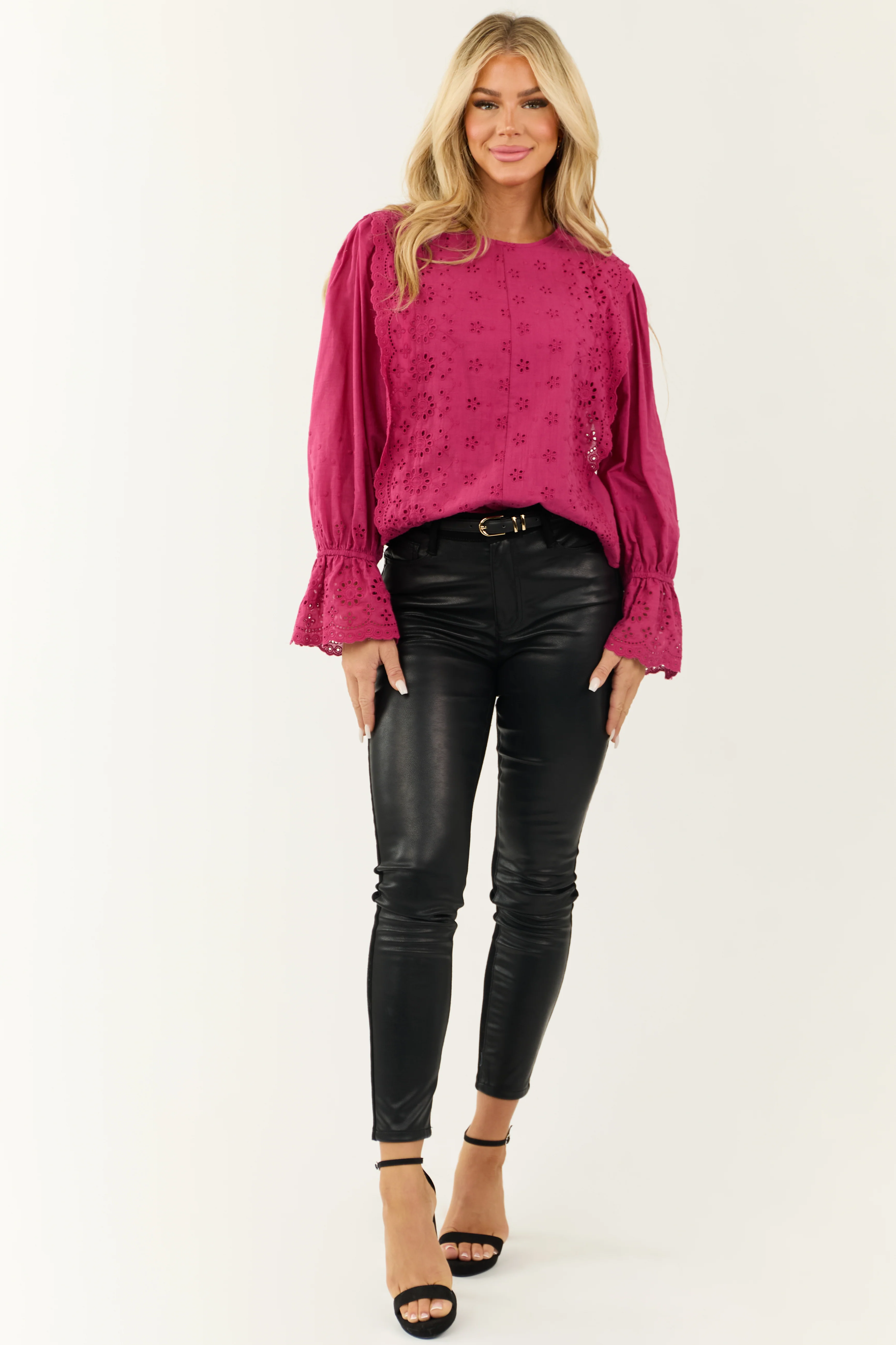 Fuchsia Eyelet Lace Long Sleeve Top with Tie Back - Image 2