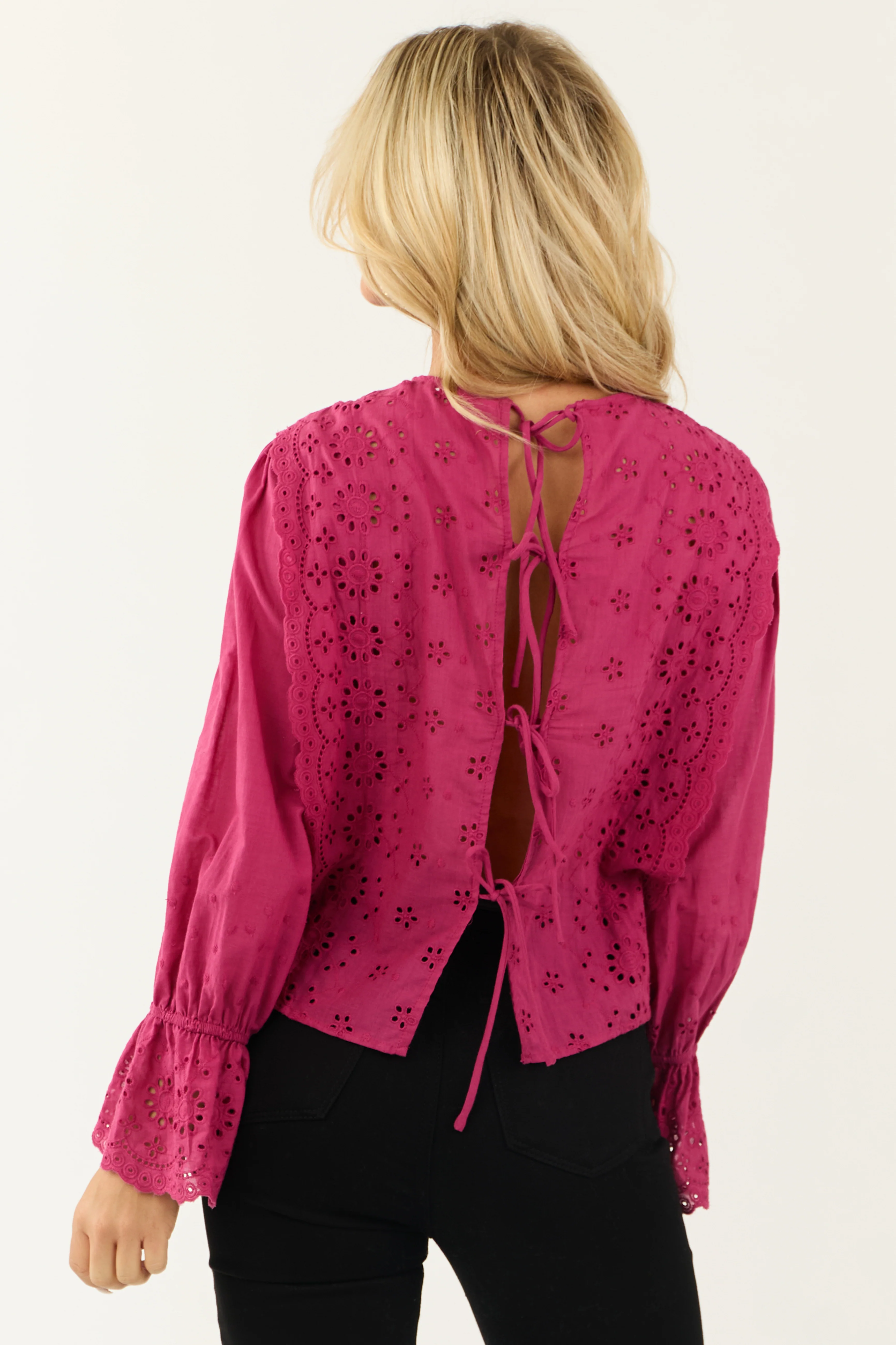 Fuchsia Eyelet Lace Long Sleeve Top with Tie Back - Image 6