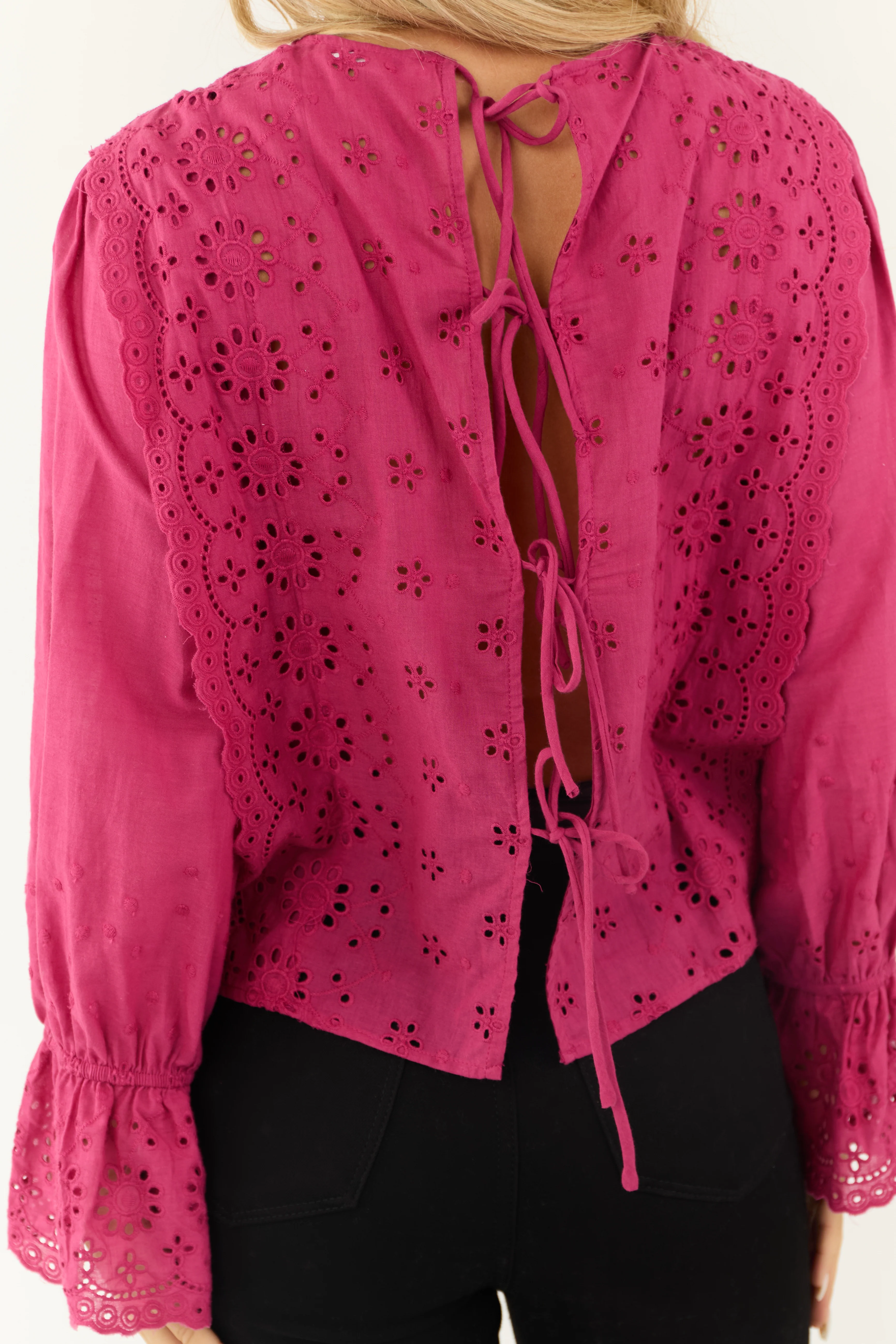 Fuchsia Eyelet Lace Long Sleeve Top with Tie Back - Image 7