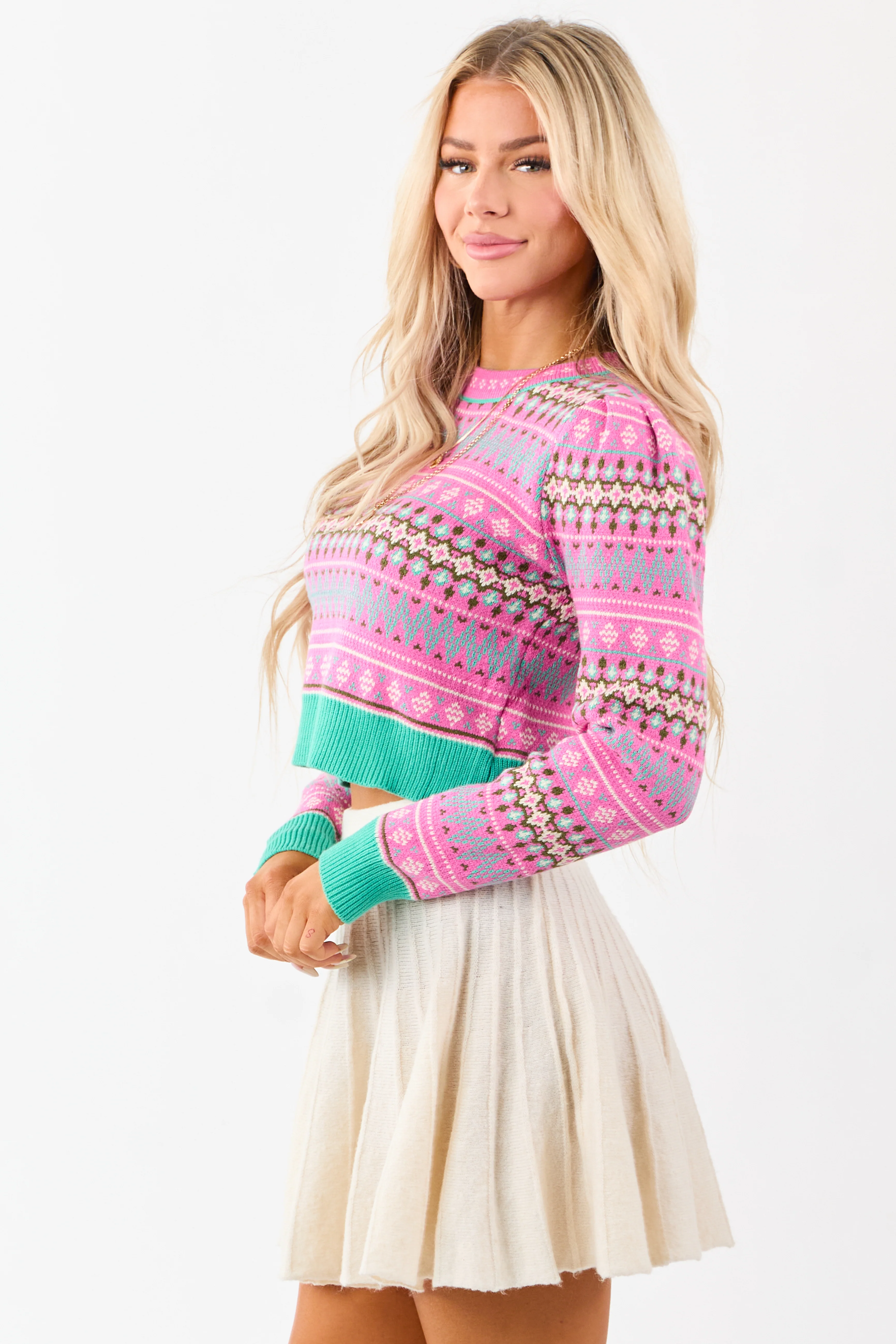 Fuchsia Fair Isle Print Cropped Knit Sweater - Image 6