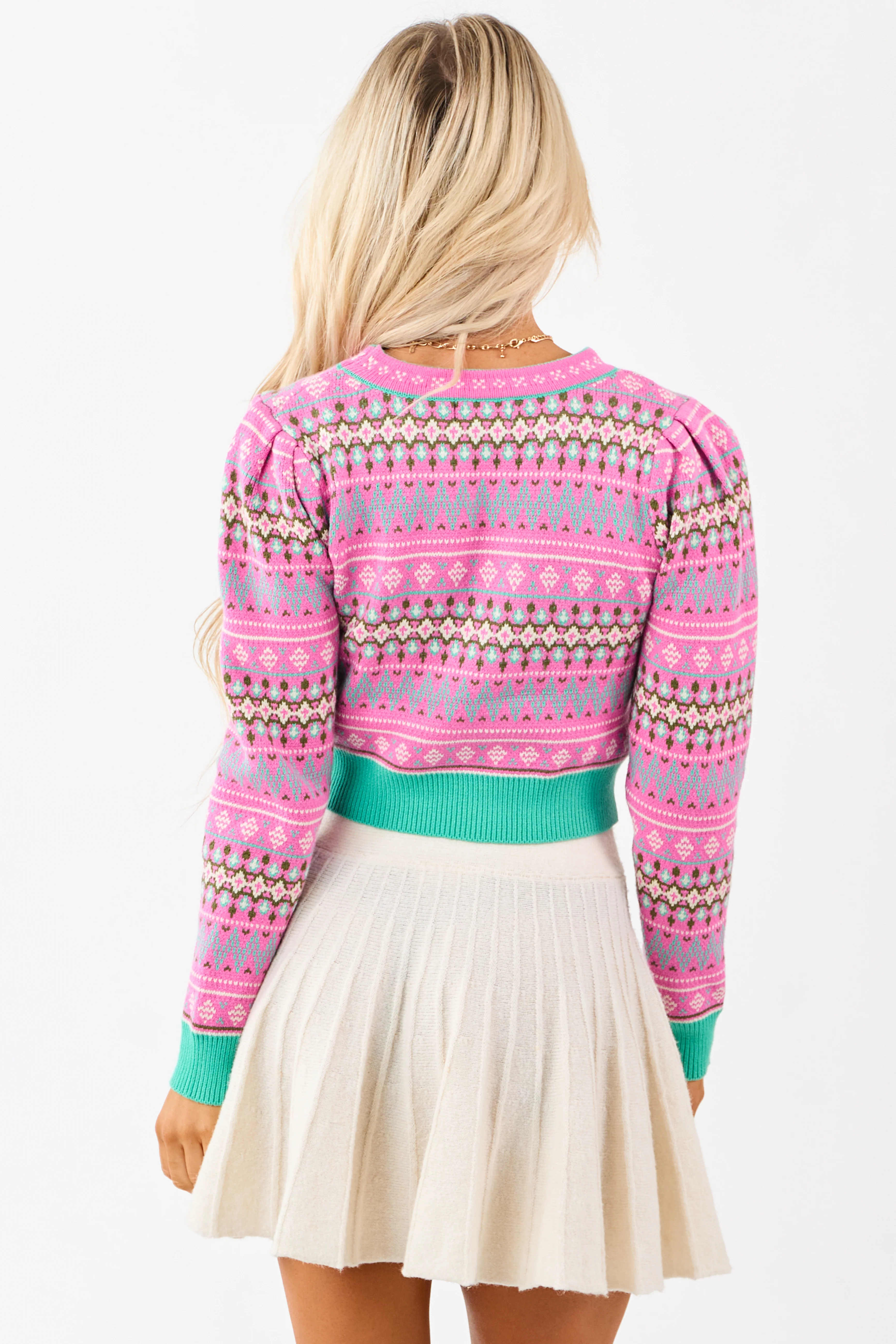 Fuchsia Fair Isle Print Cropped Knit Sweater - Image 7