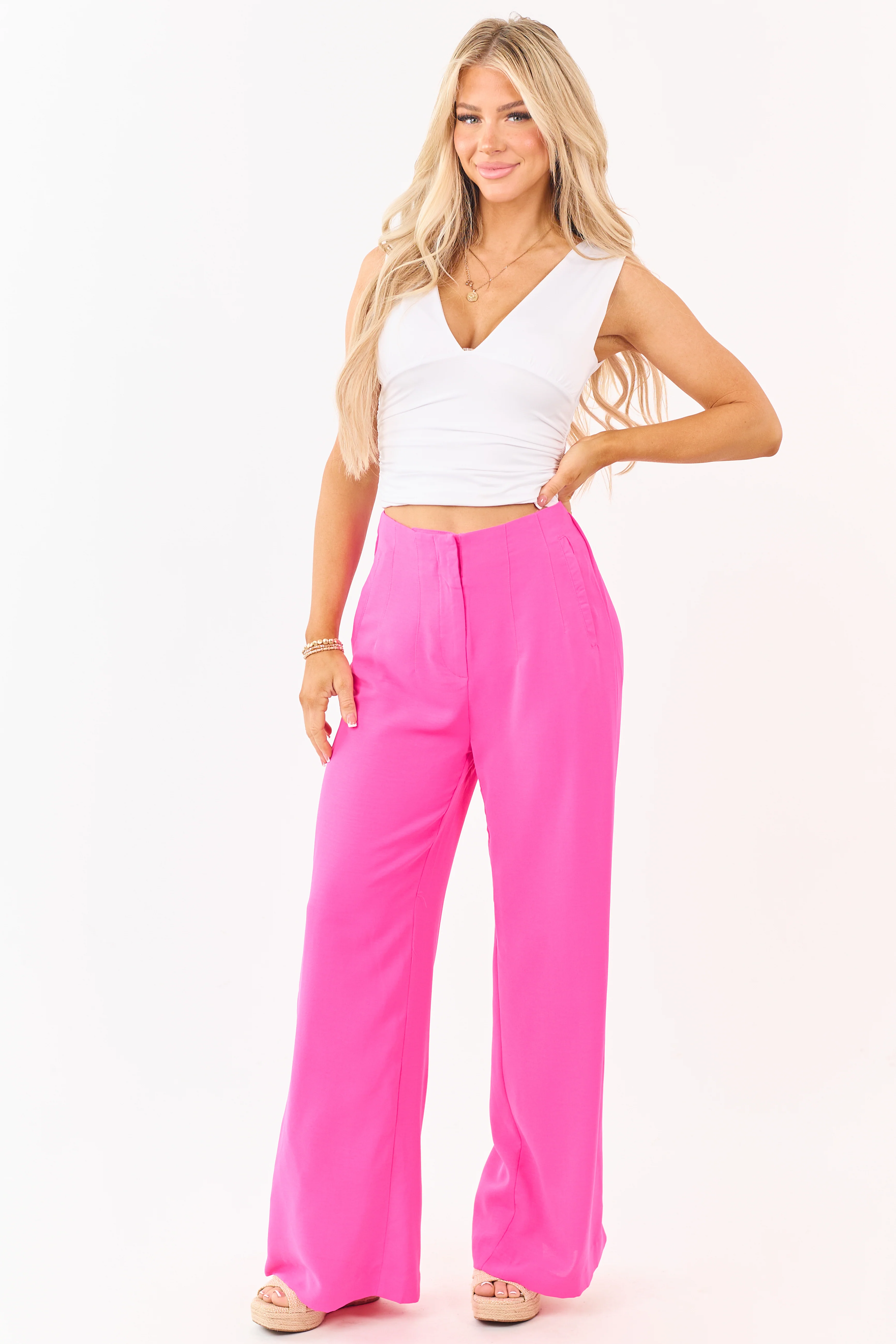 Fuchsia High Waisted Flowy Wide Leg Pants - Image 6