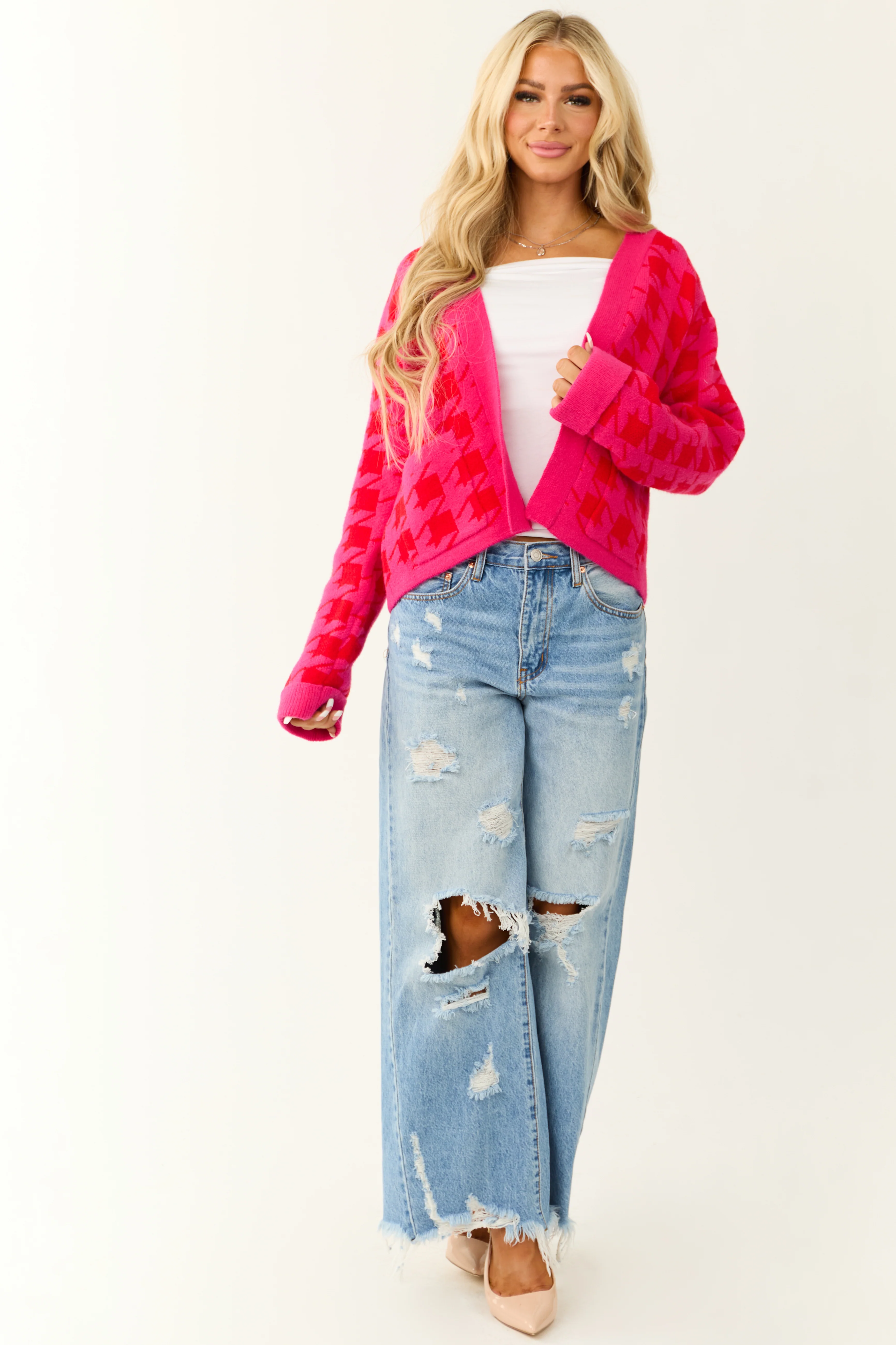 Fuchsia Houndstooth Long Sleeve Cardigan - Image 3