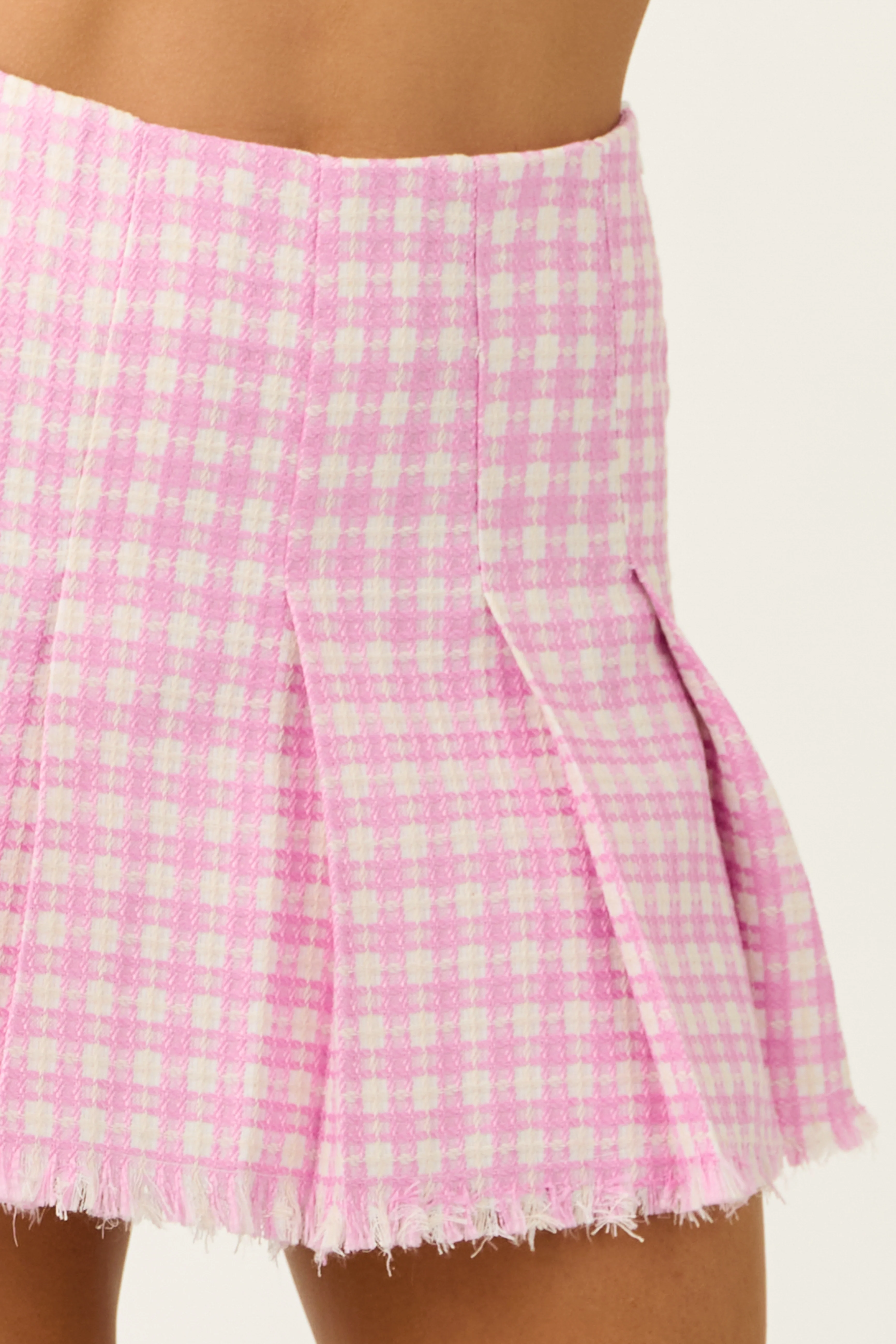 Fuchsia Plaid Tweed Frayed Hem Mini Skirt - Image 7