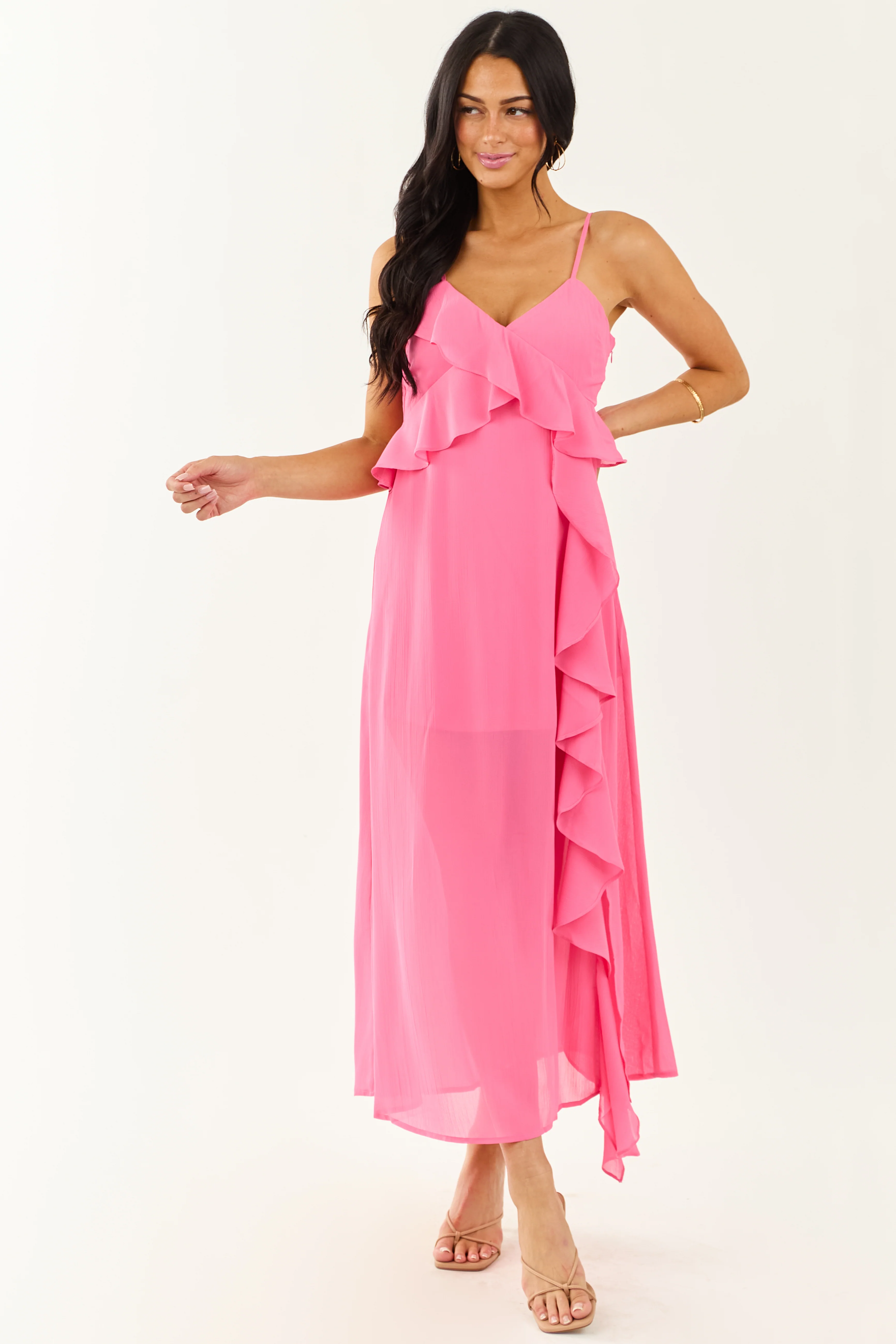Fuchsia Ruffle Side Slit Chiffon Maxi Dress - Image 3