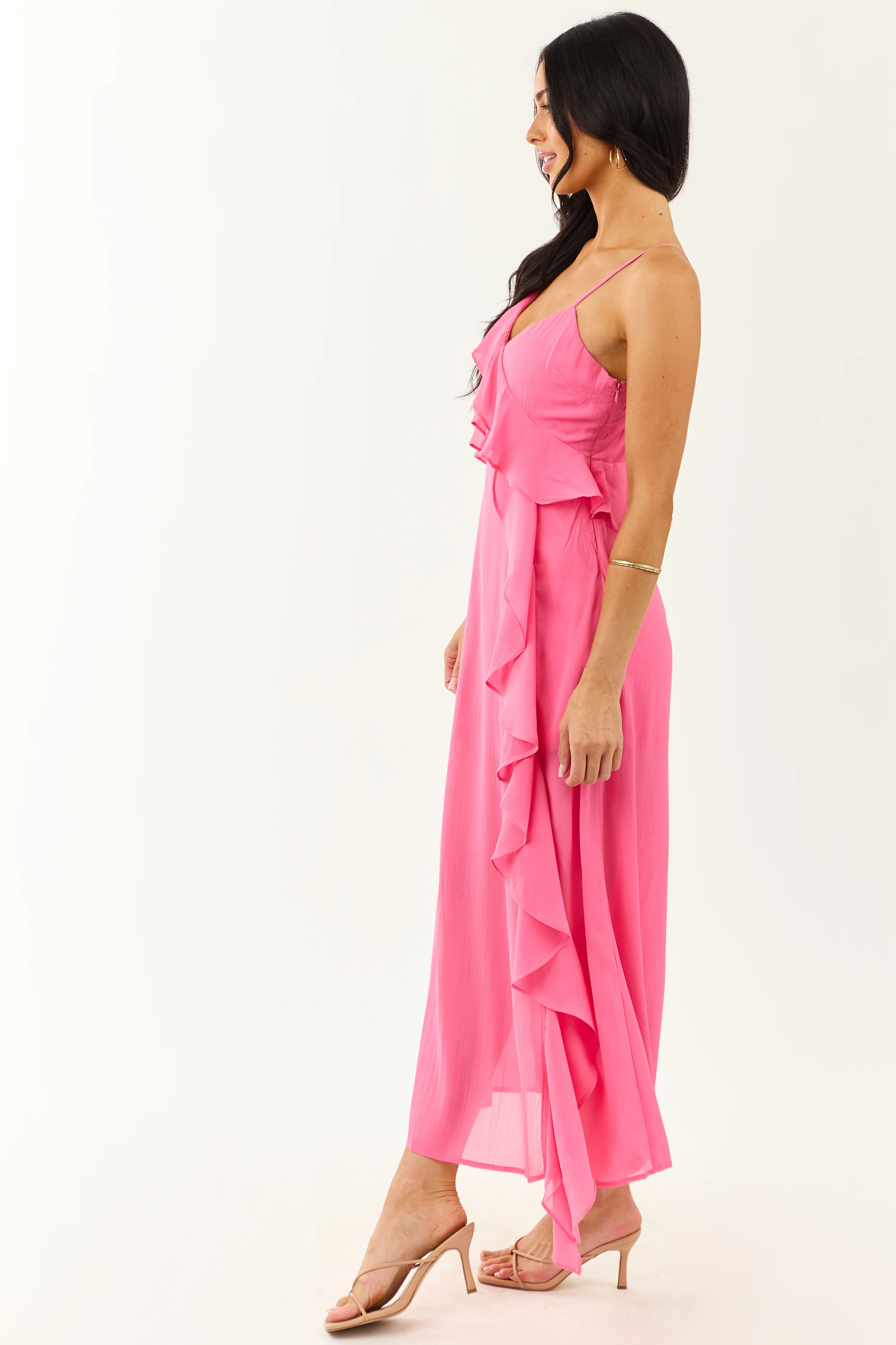 Fuchsia Ruffle Side Slit Chiffon Maxi Dress - Image 4