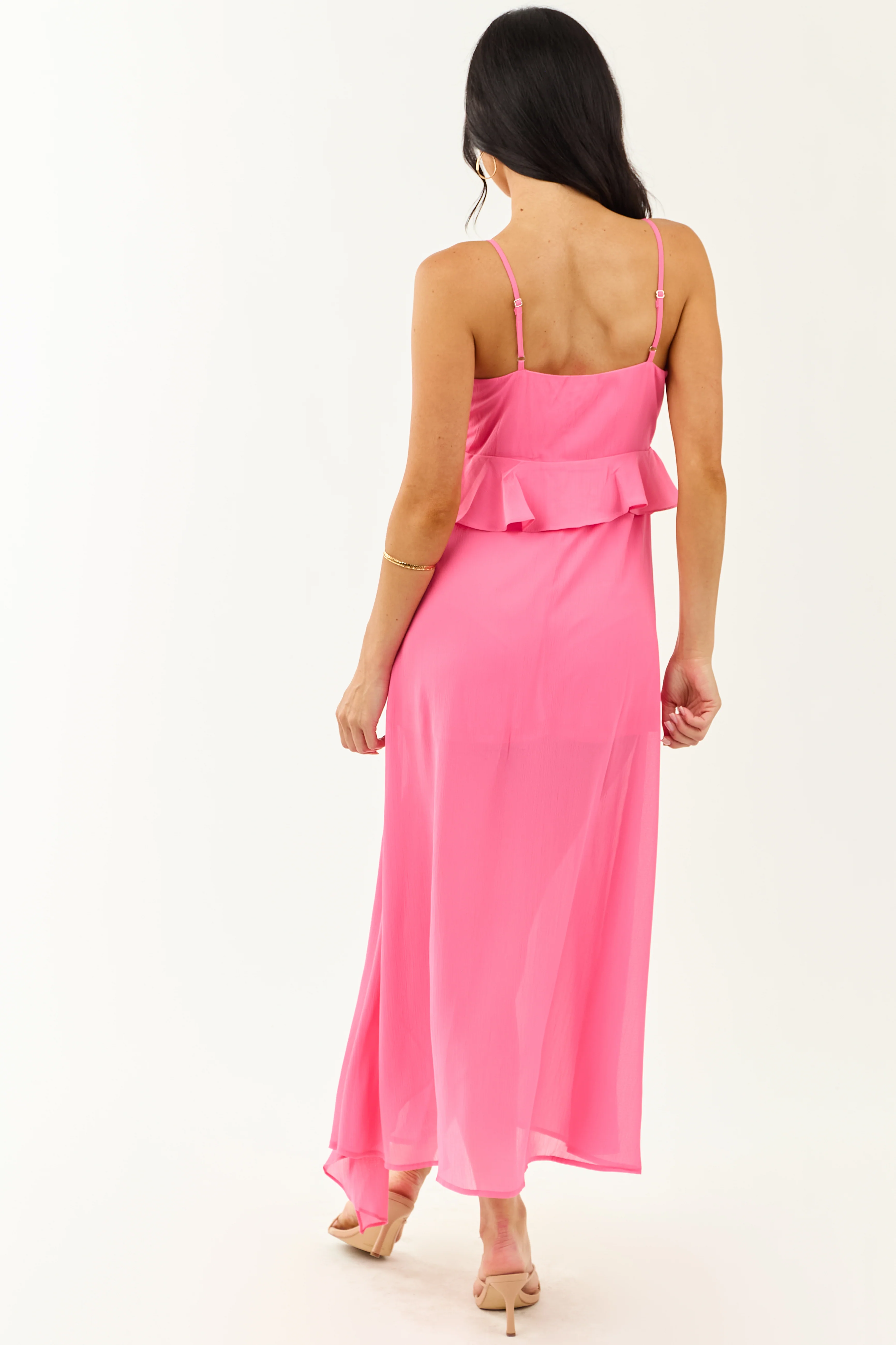 Fuchsia Ruffle Side Slit Chiffon Maxi Dress - Image 5