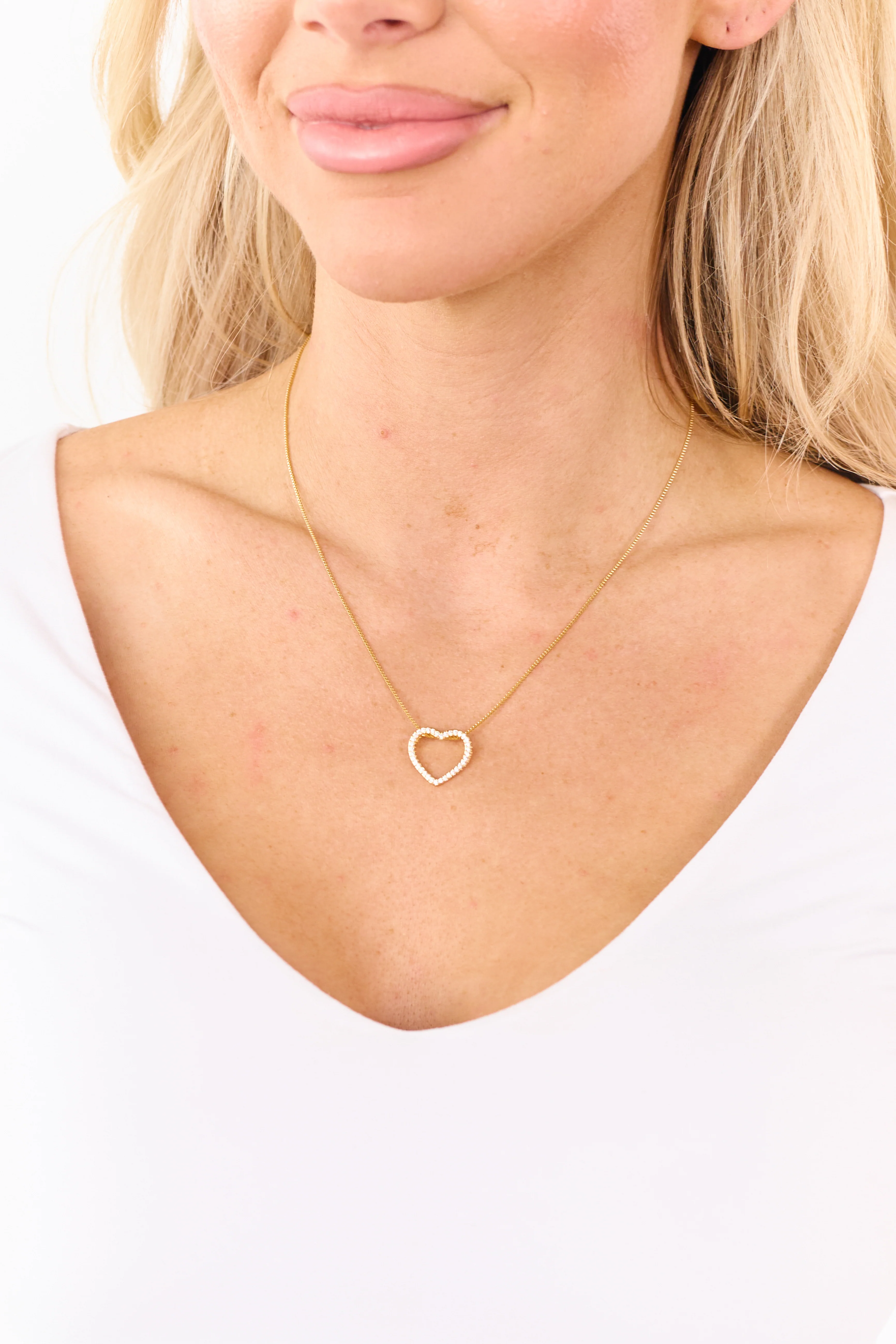Gold Box Chain Rhinestone Heart Pendant Necklace - Image 2
