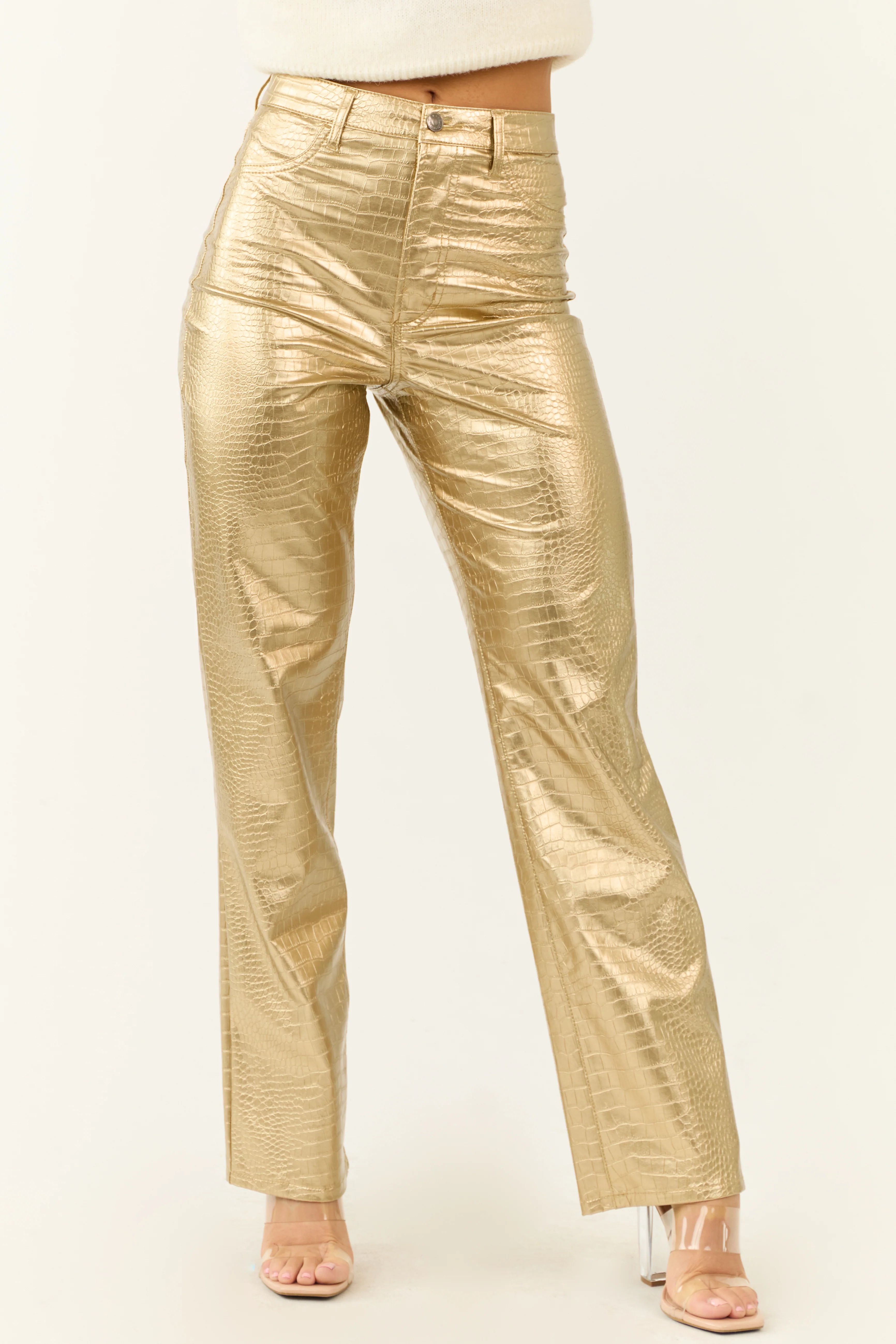 Gold Faux Leather Snakeskin Super High Rise Pants - Image 2
