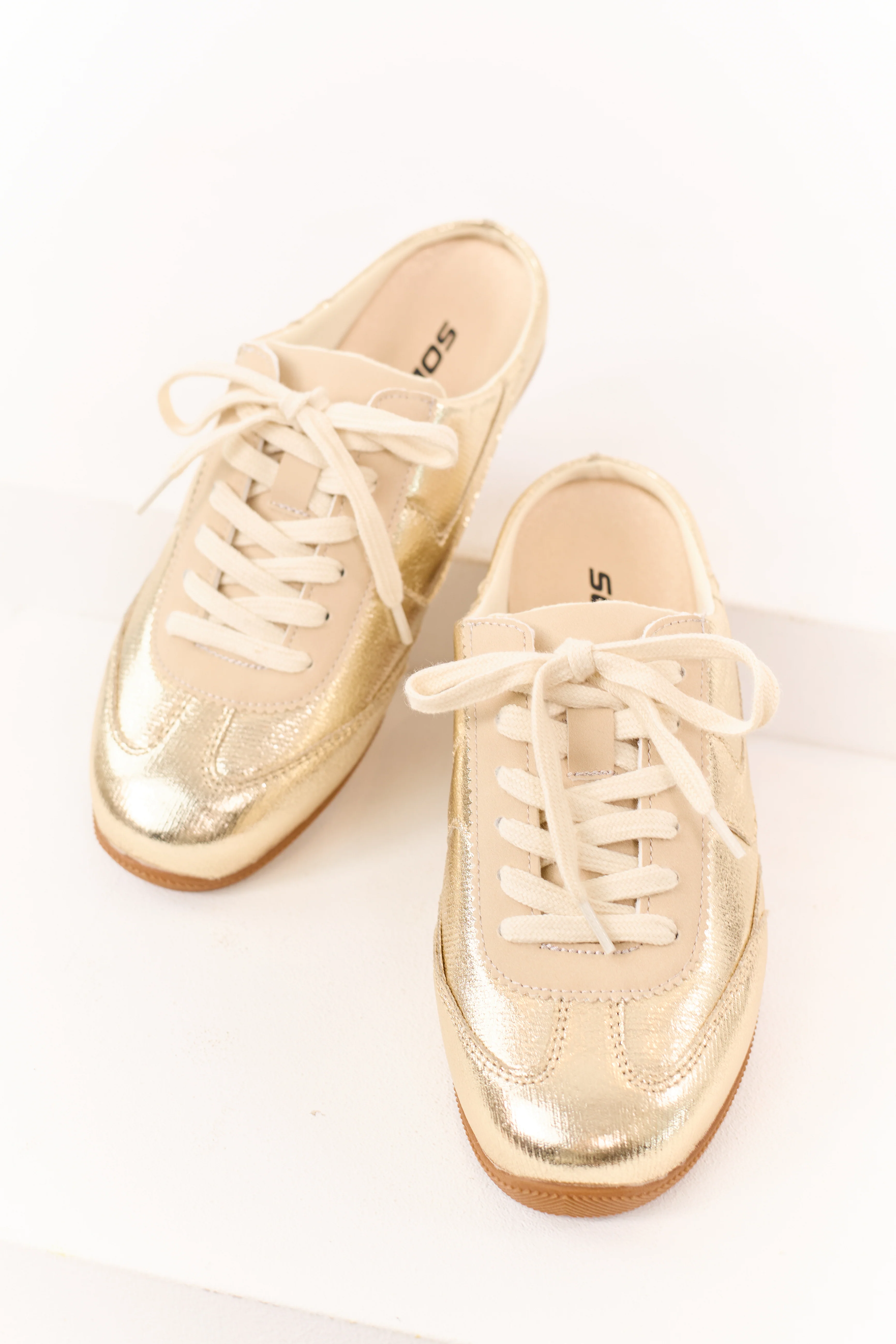Gold Metallic Lace Up Slip On Mule Style Sneakers