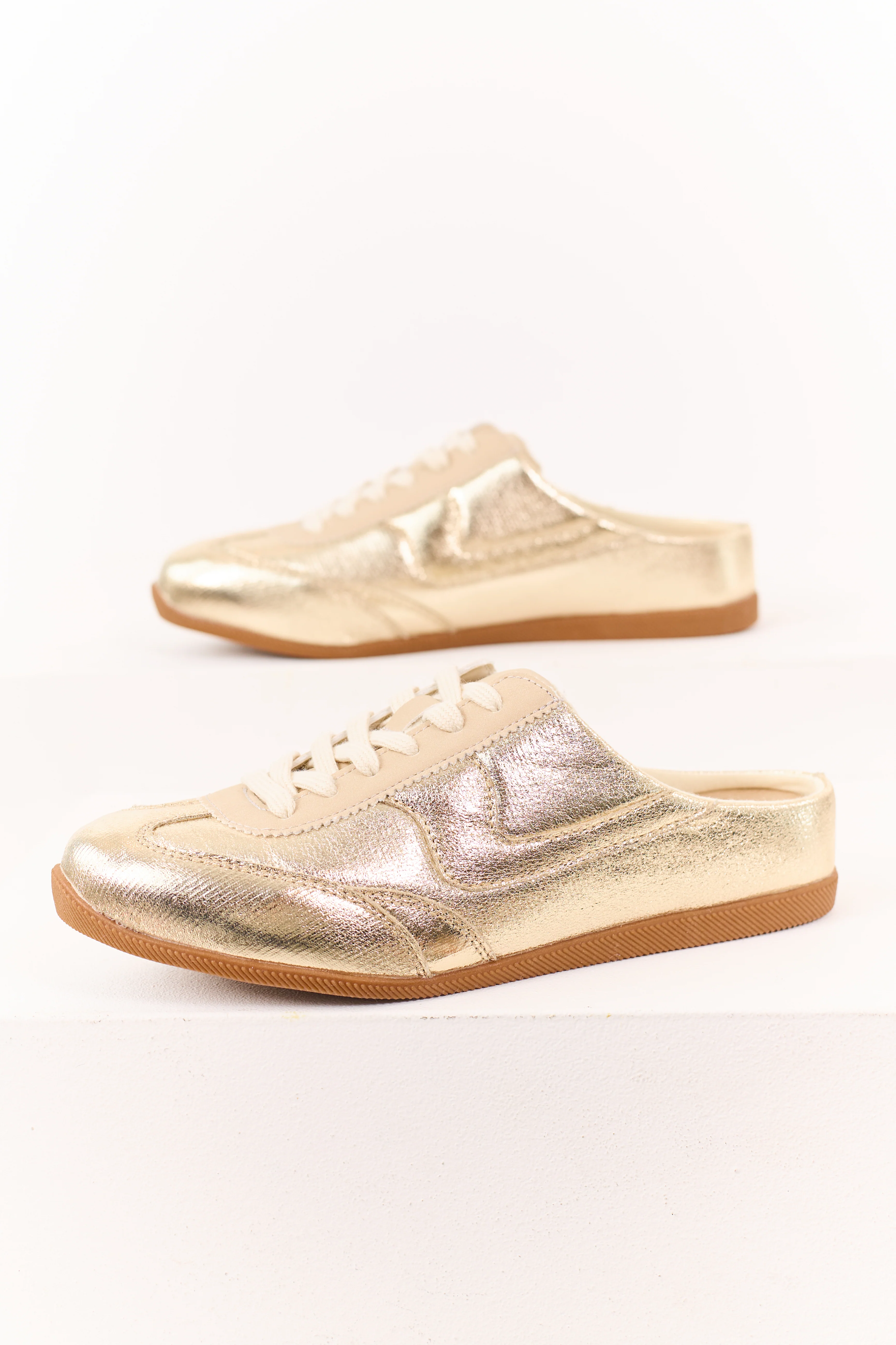 Gold Metallic Lace Up Slip On Mule Style Sneakers - Image 3