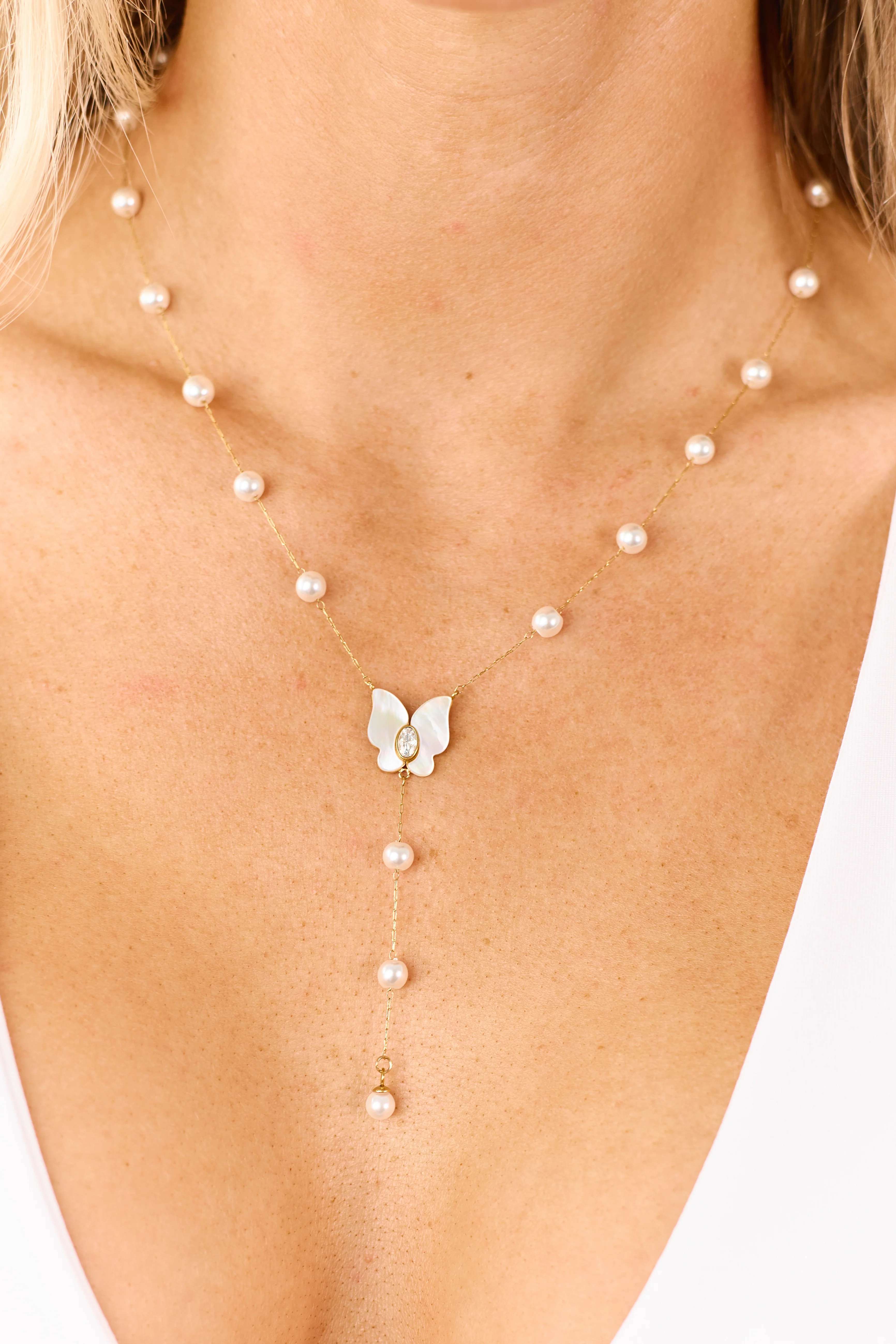 Gold Pearl Stationed Butterfly Pendant Necklace - Image 2