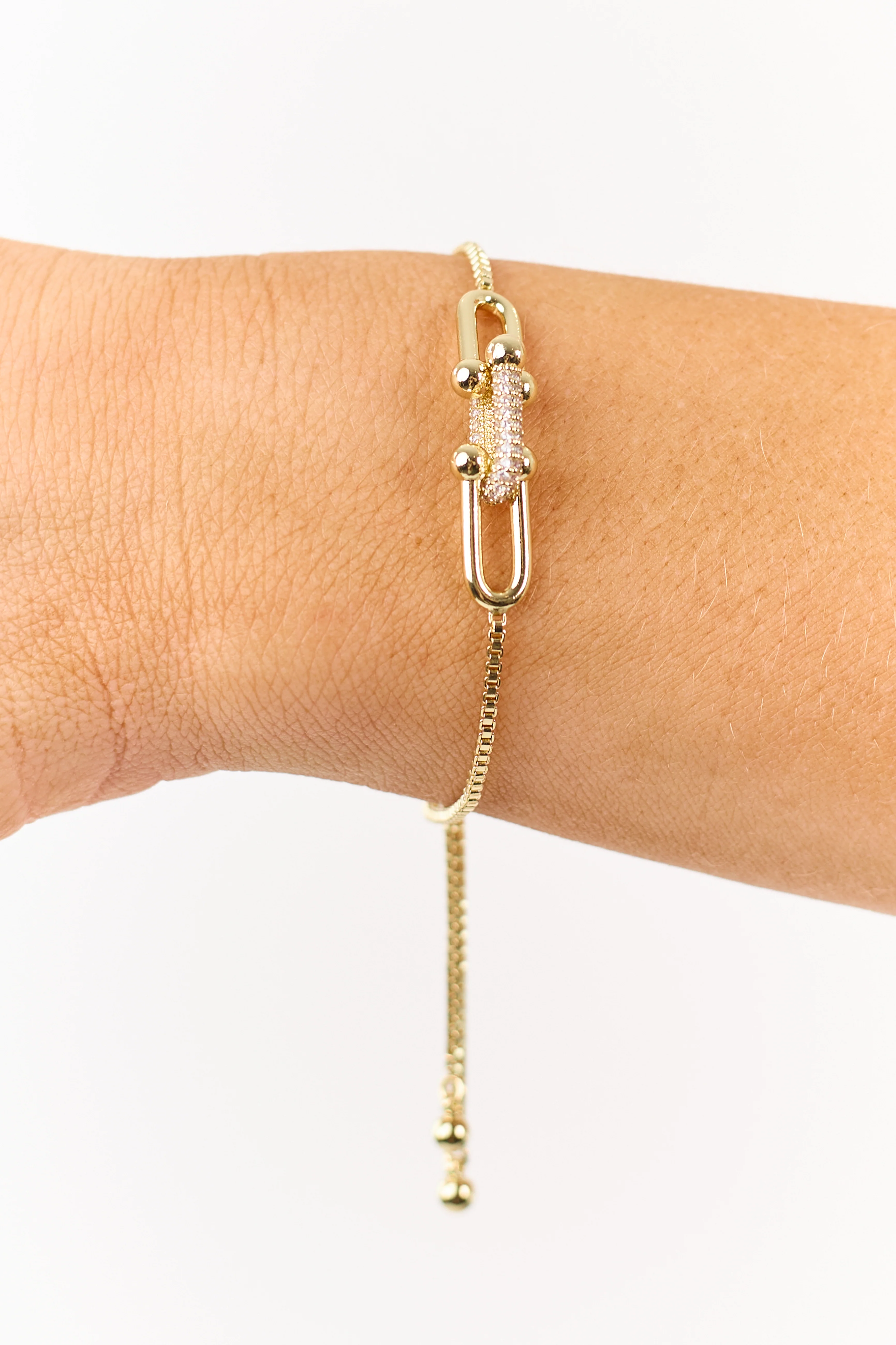 Gold Rhinestone Link Pendant Box Chain Bracelet