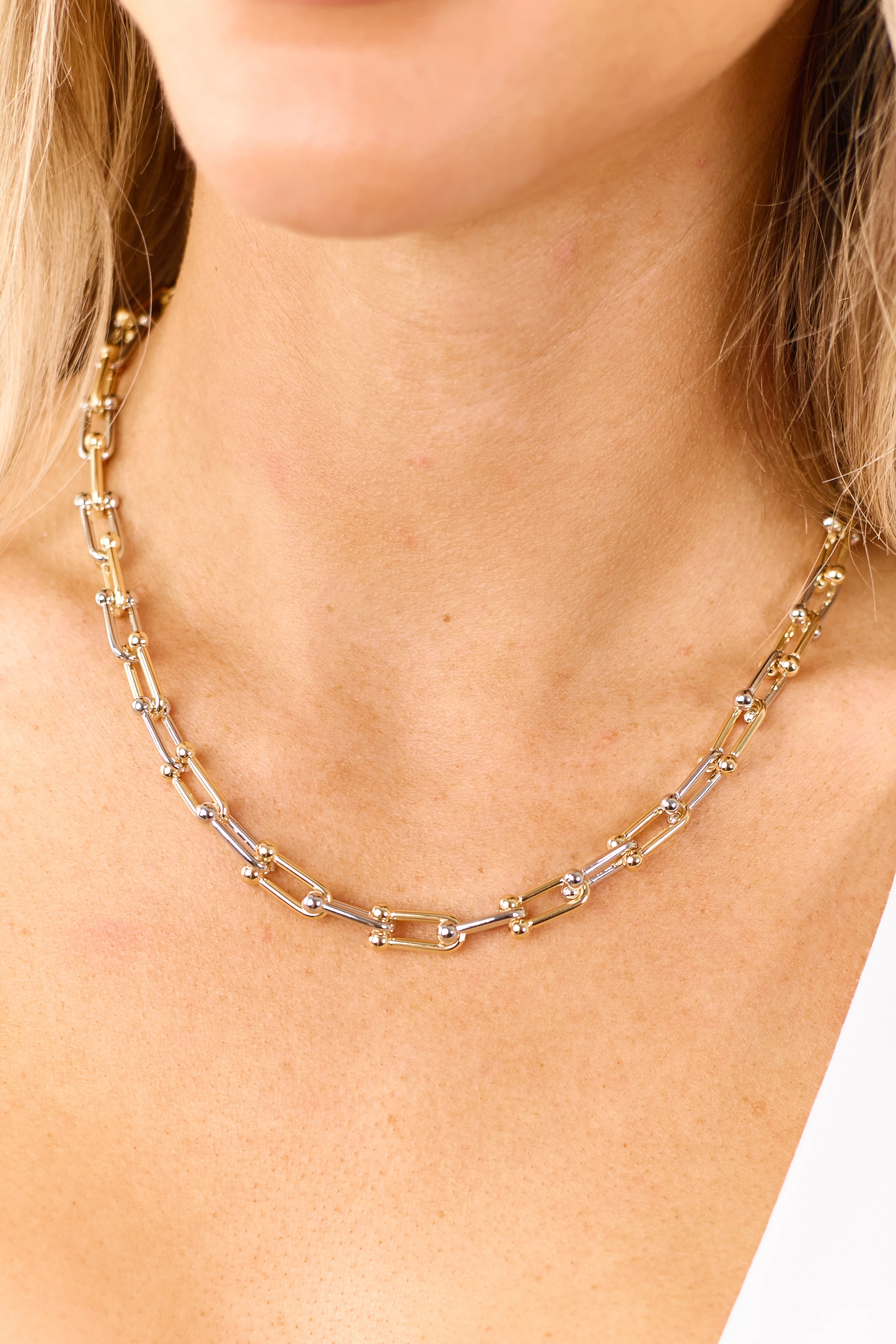Gold and Silver Two Tone U Chain Link Necklace - Image 2