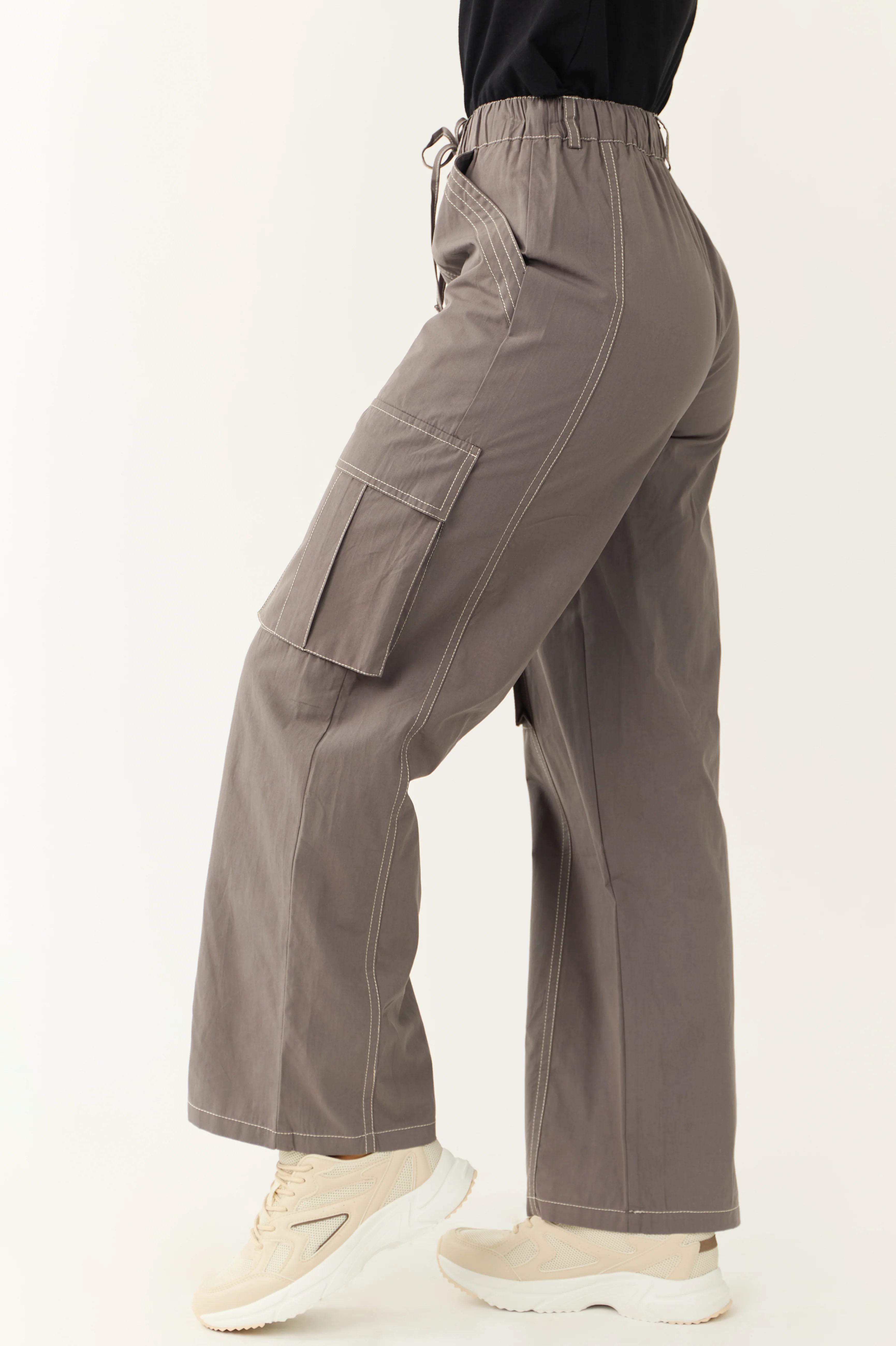 Graphite Exposed Seam Wide Leg Cargo Pants - Image 4