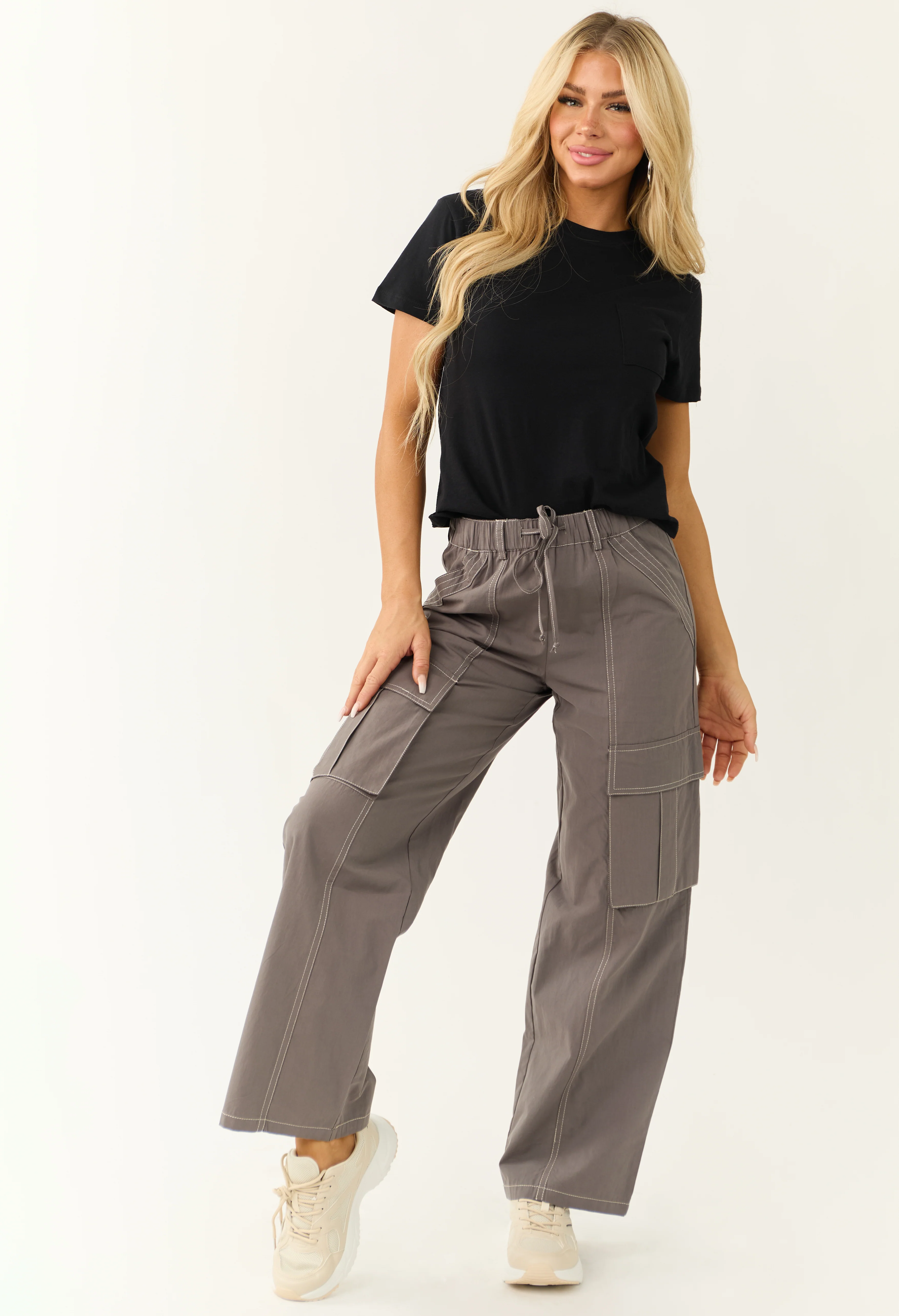 Graphite Exposed Seam Wide Leg Cargo Pants - Image 6
