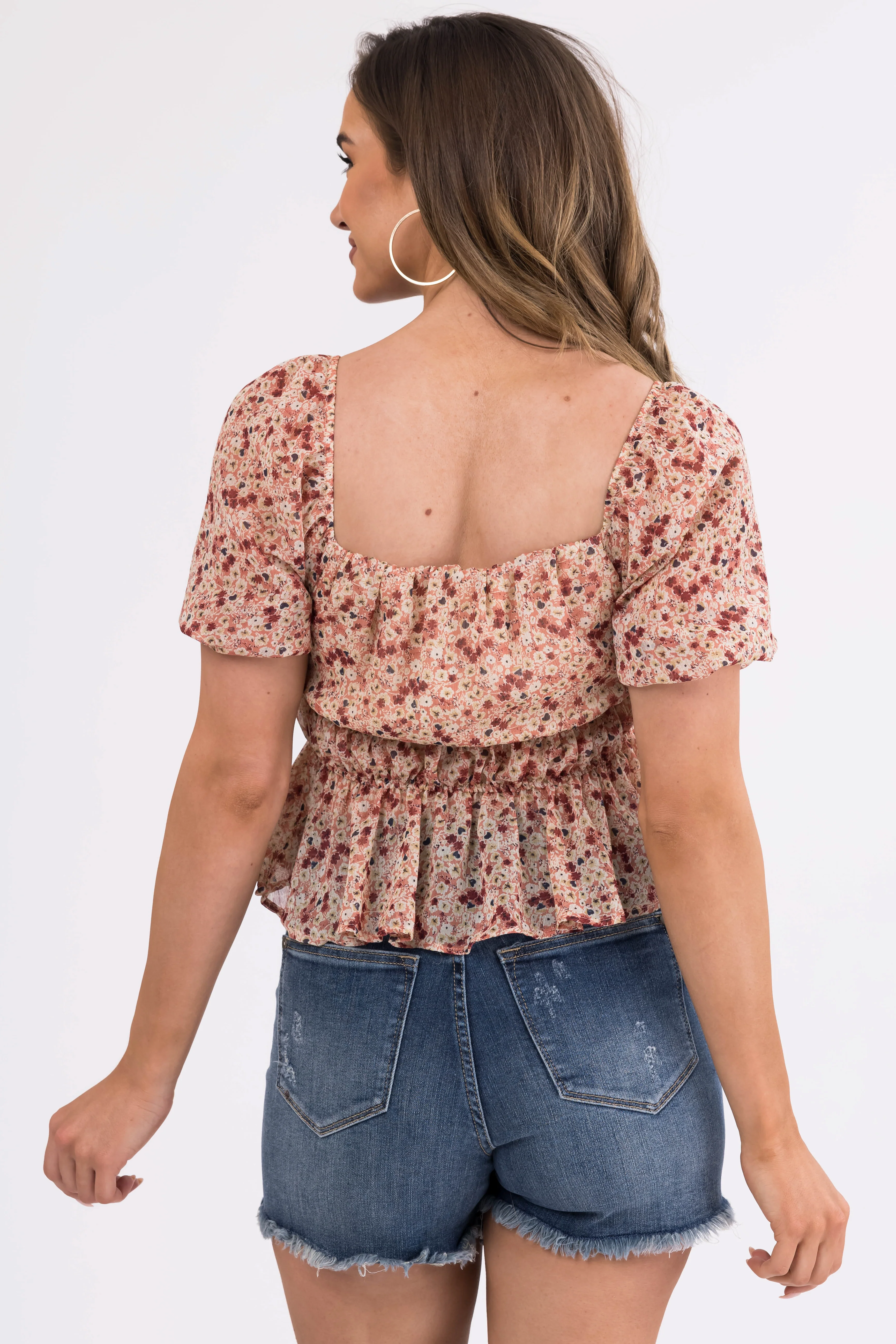 Hazy Coral Ditsy Floral Puff Sleeve Peplum Top - Image 6