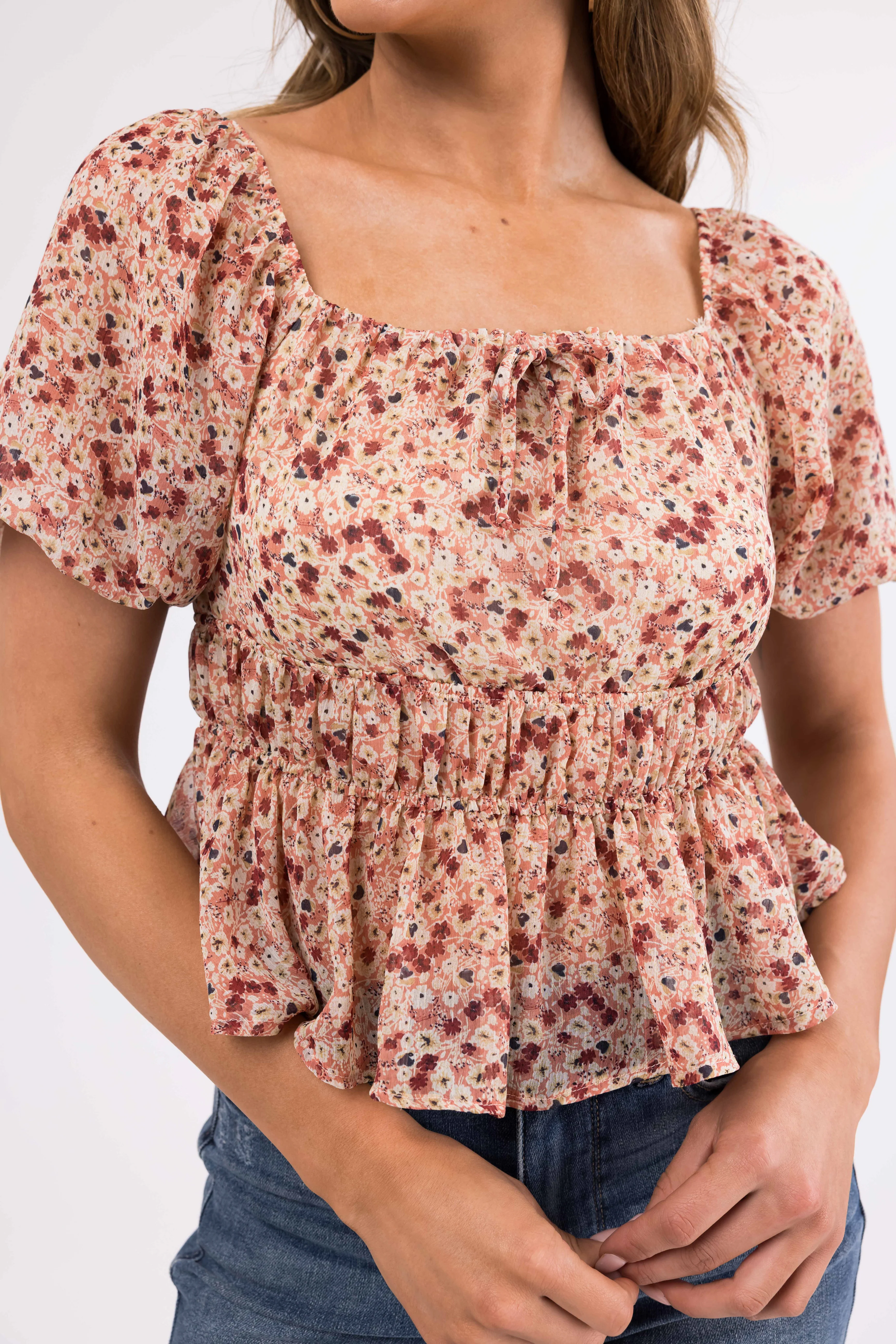 Hazy Coral Ditsy Floral Puff Sleeve Peplum Top - Image 7