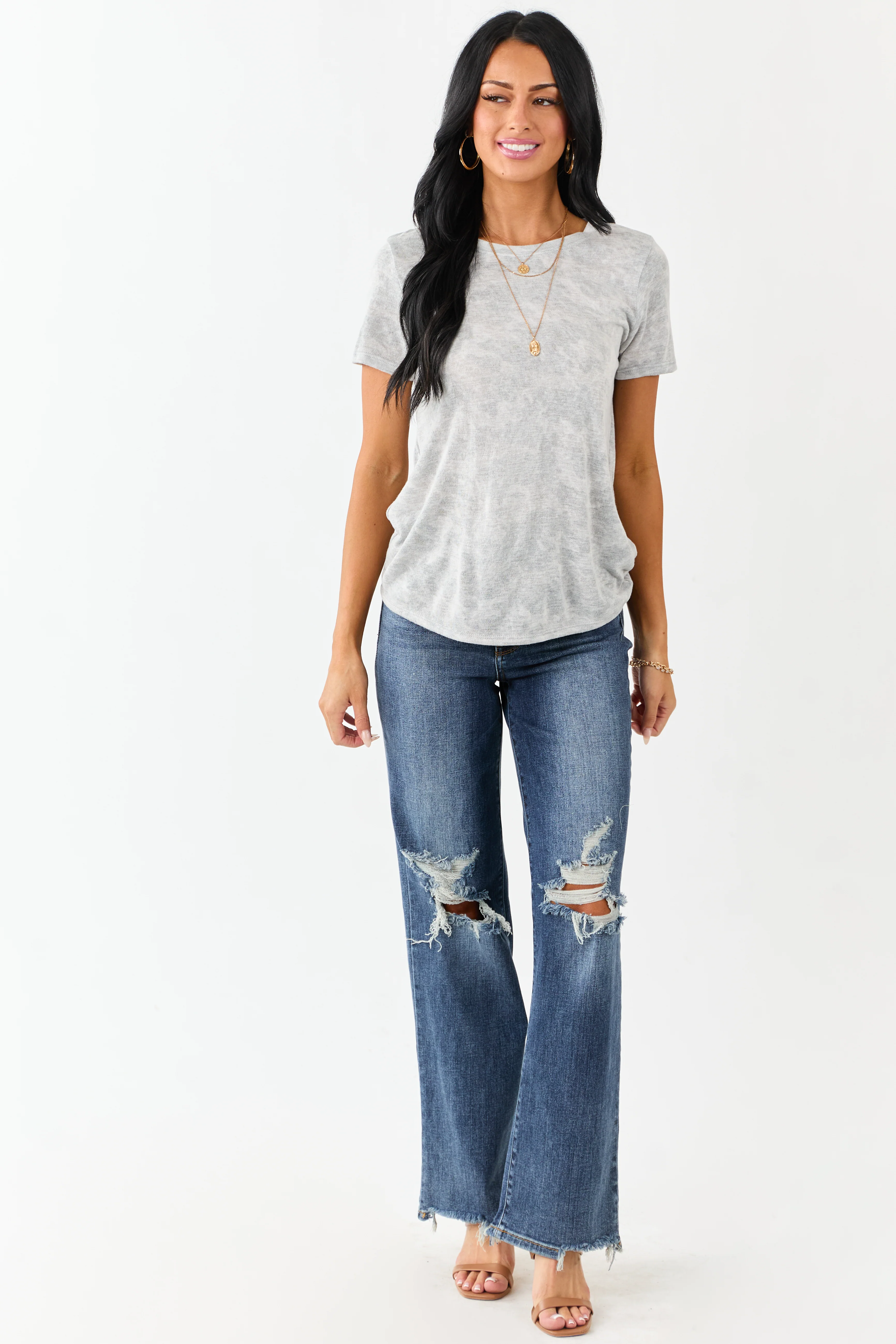 Heather Grey Faded Camo Print Short Sleeve Top - Image 2