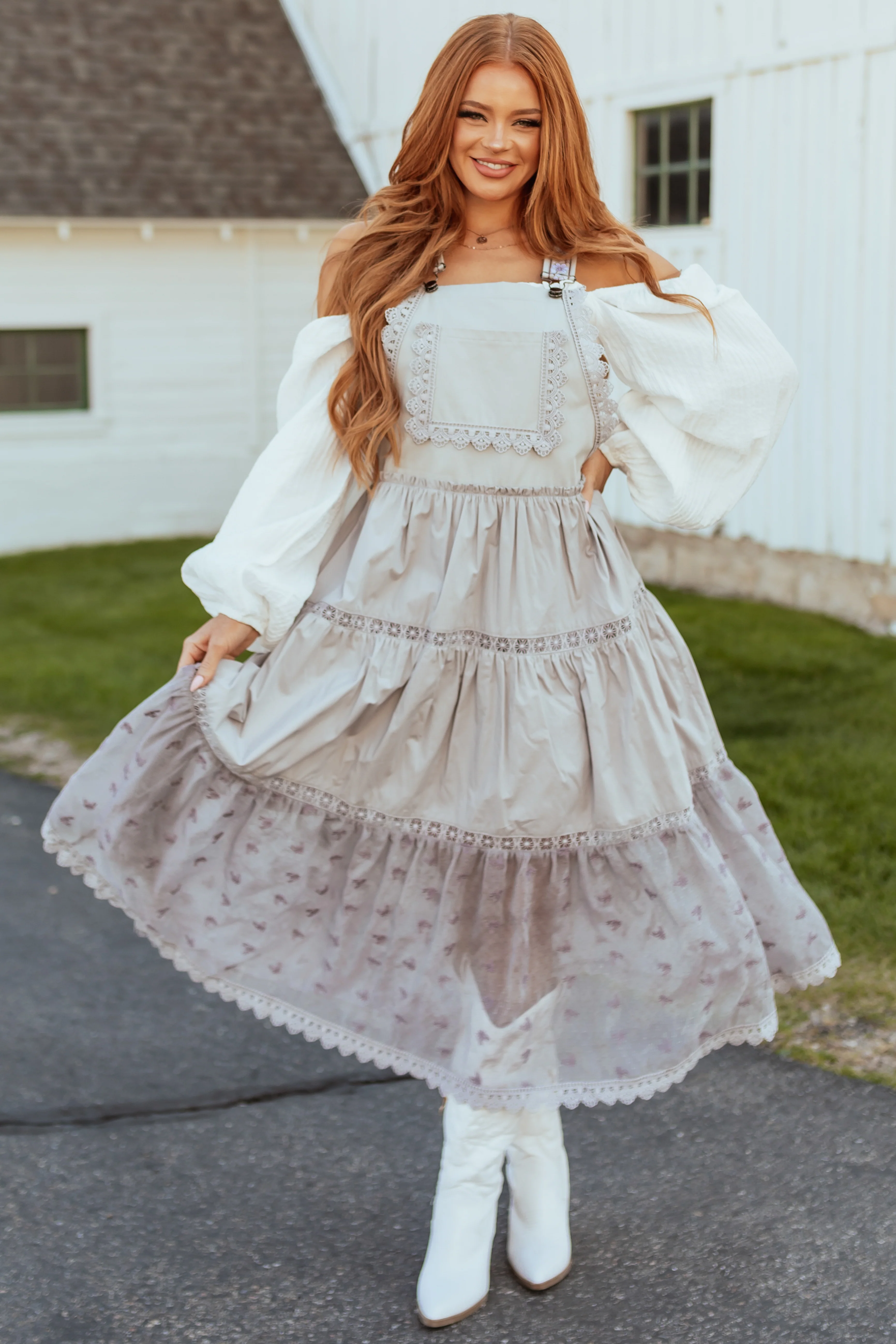 Heather Grey Lace Tiered Overalls Maxi Dress - Image 2