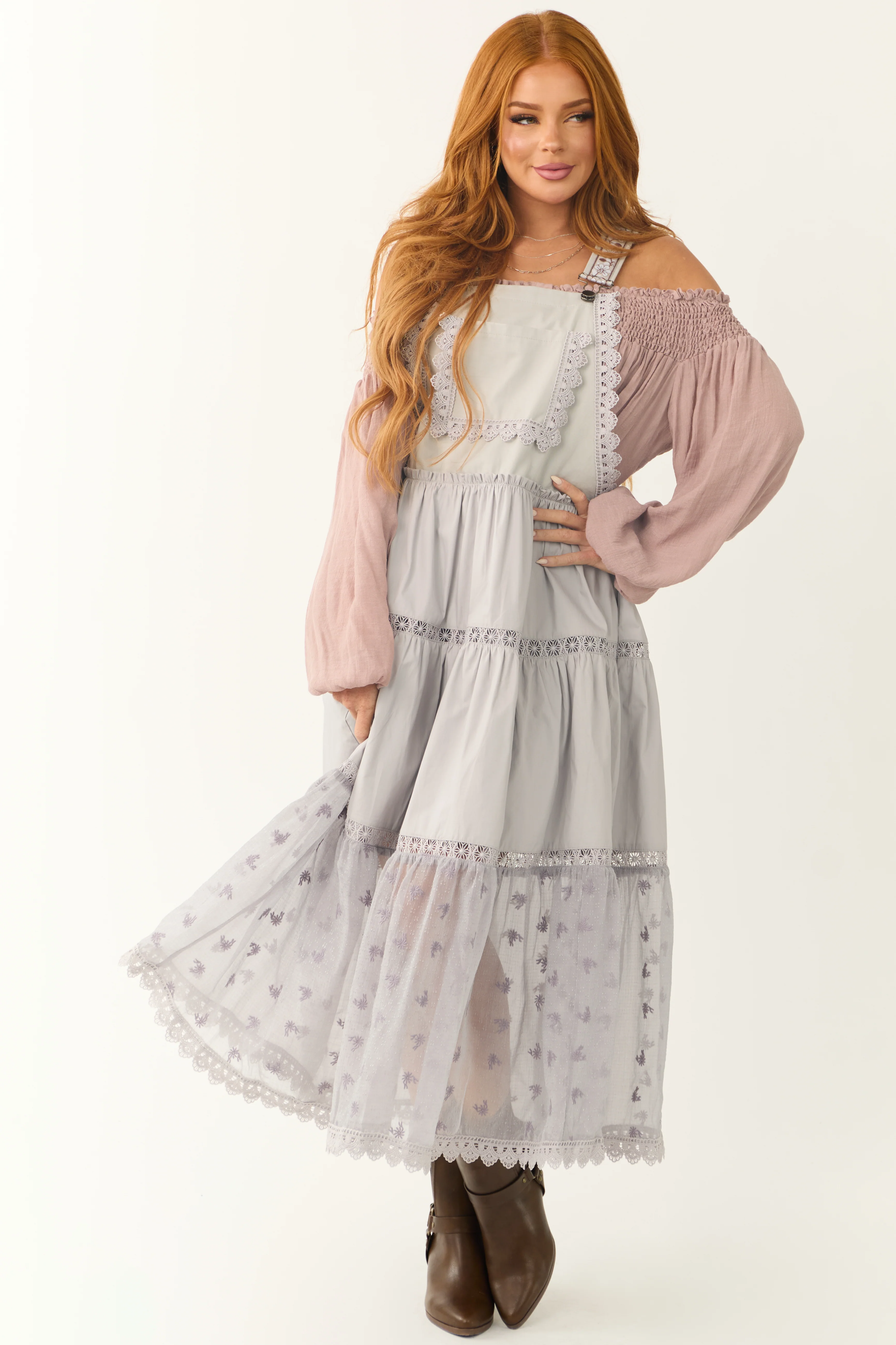 Heather Grey Lace Tiered Overalls Maxi Dress - Image 3