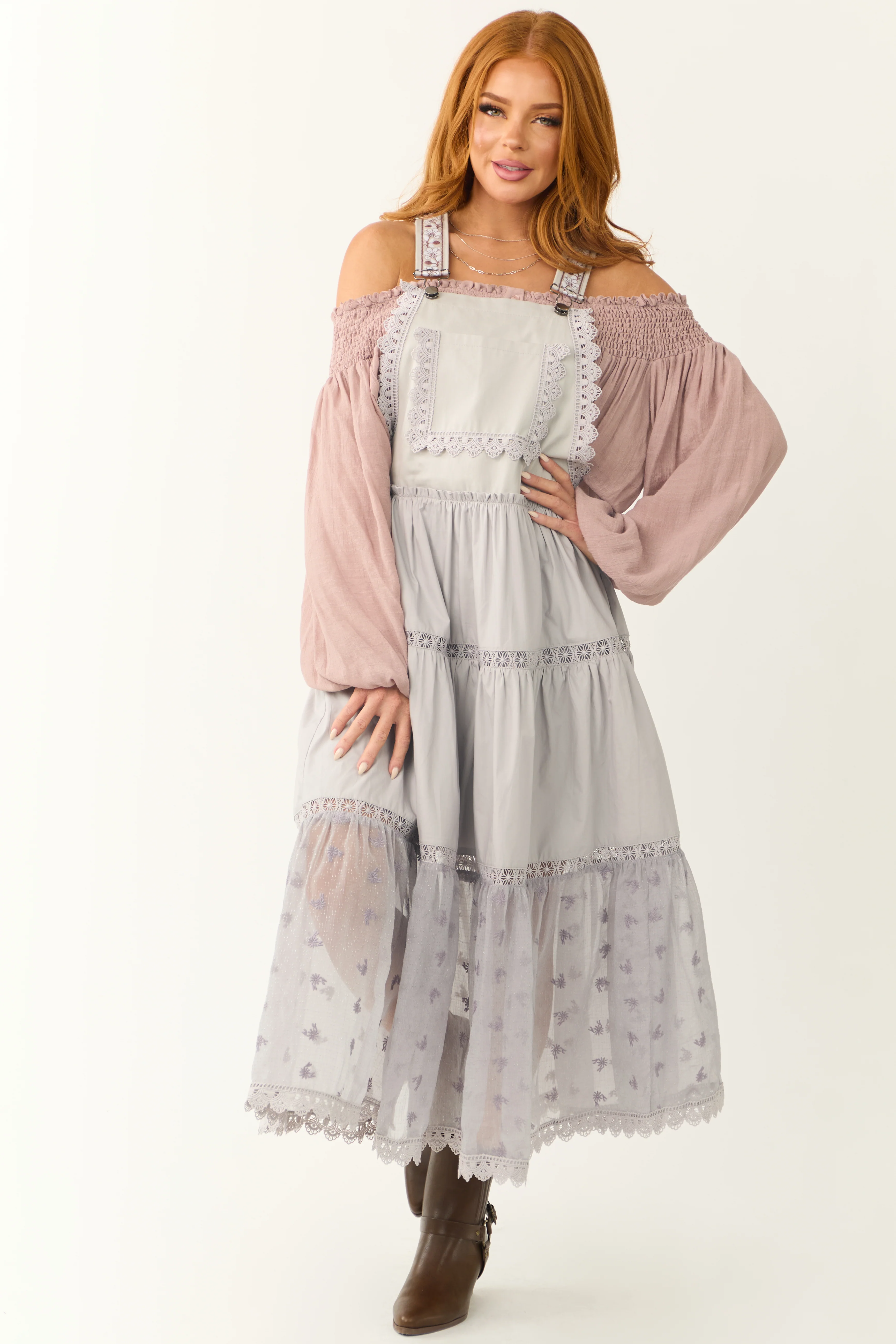 Heather Grey Lace Tiered Overalls Maxi Dress - Image 4