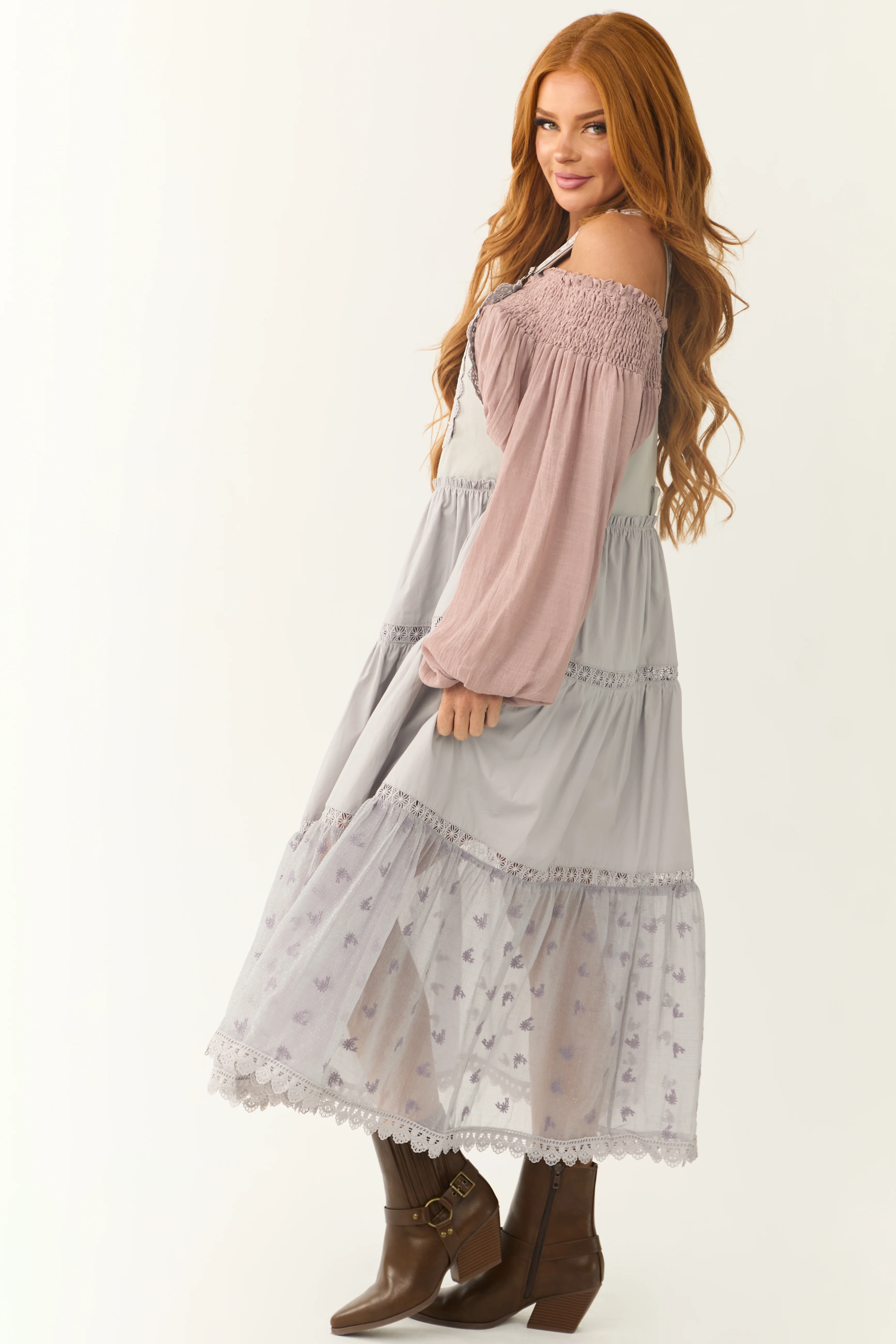 Heather Grey Lace Tiered Overalls Maxi Dress - Image 5