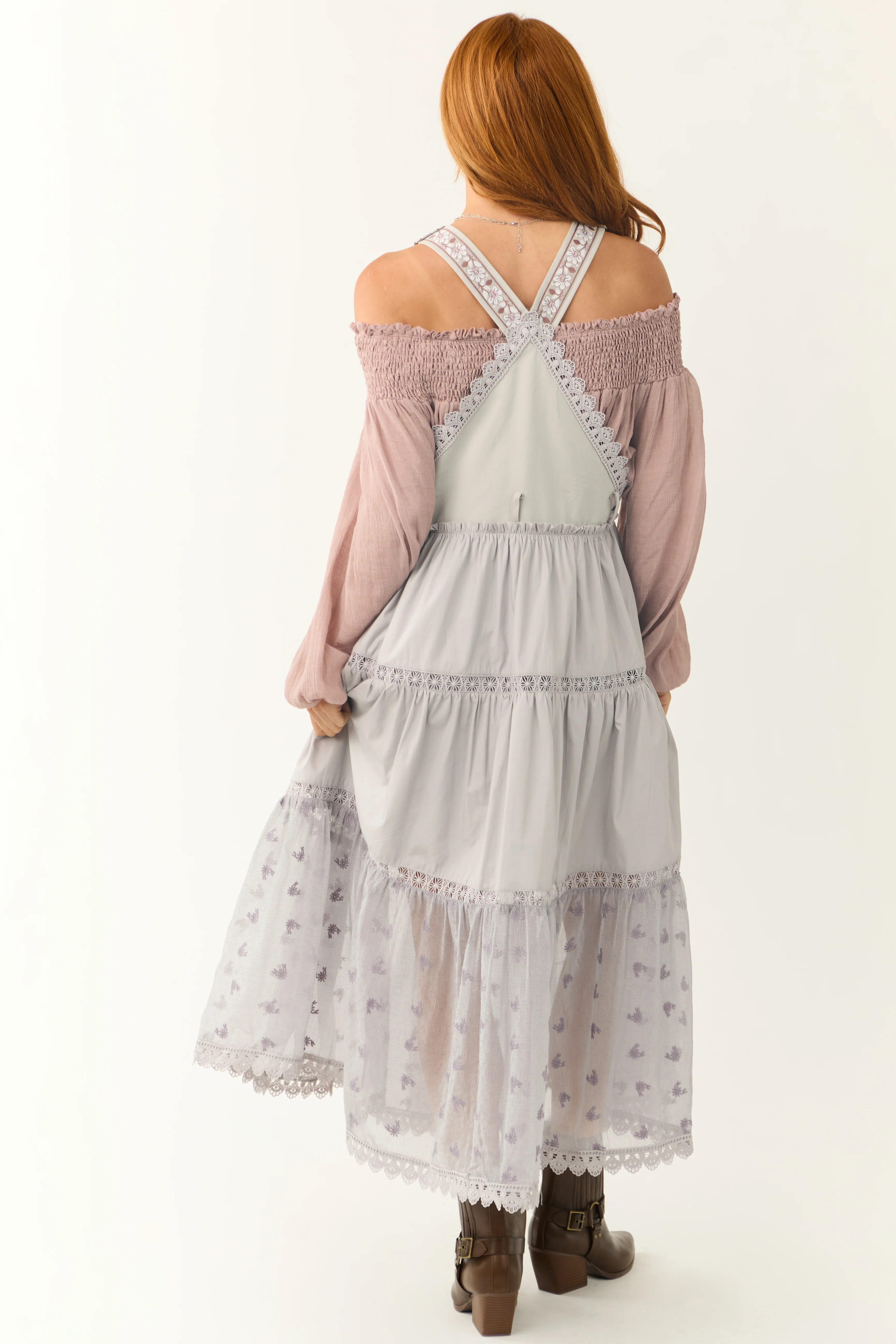 Heather Grey Lace Tiered Overalls Maxi Dress - Image 6