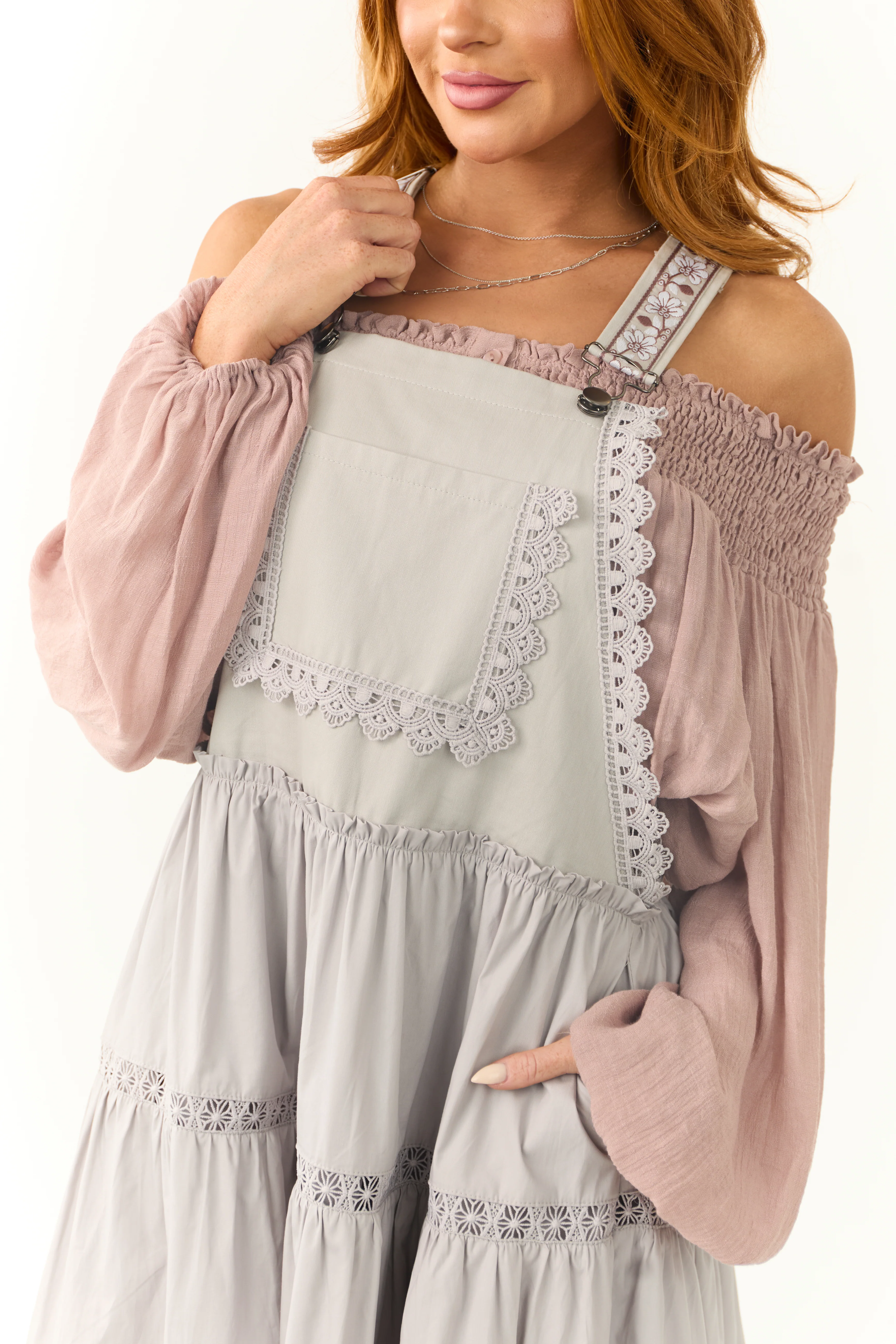 Heather Grey Lace Tiered Overalls Maxi Dress - Image 7