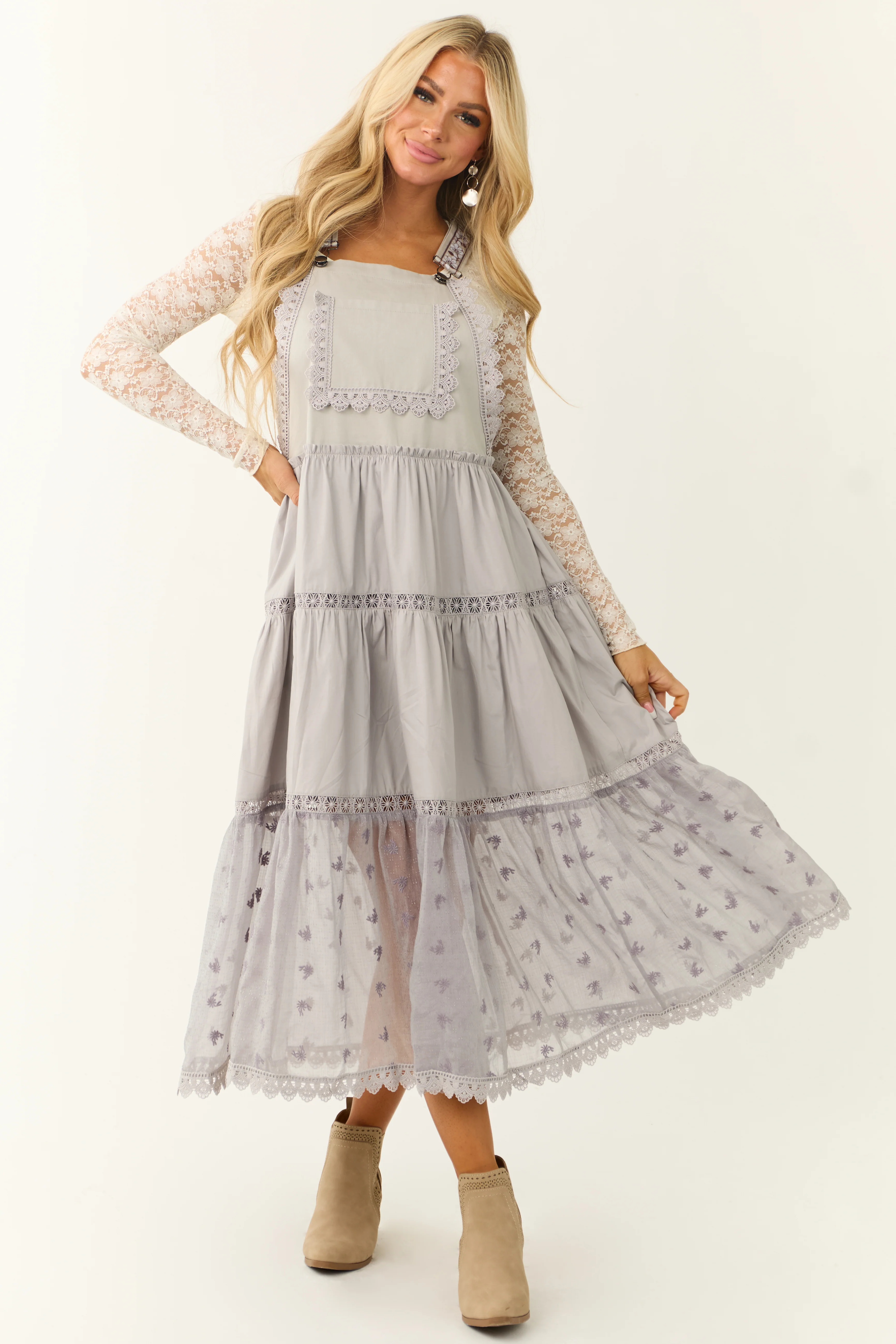 Heather Grey Lace Tiered Overalls Maxi Dress - Image 8