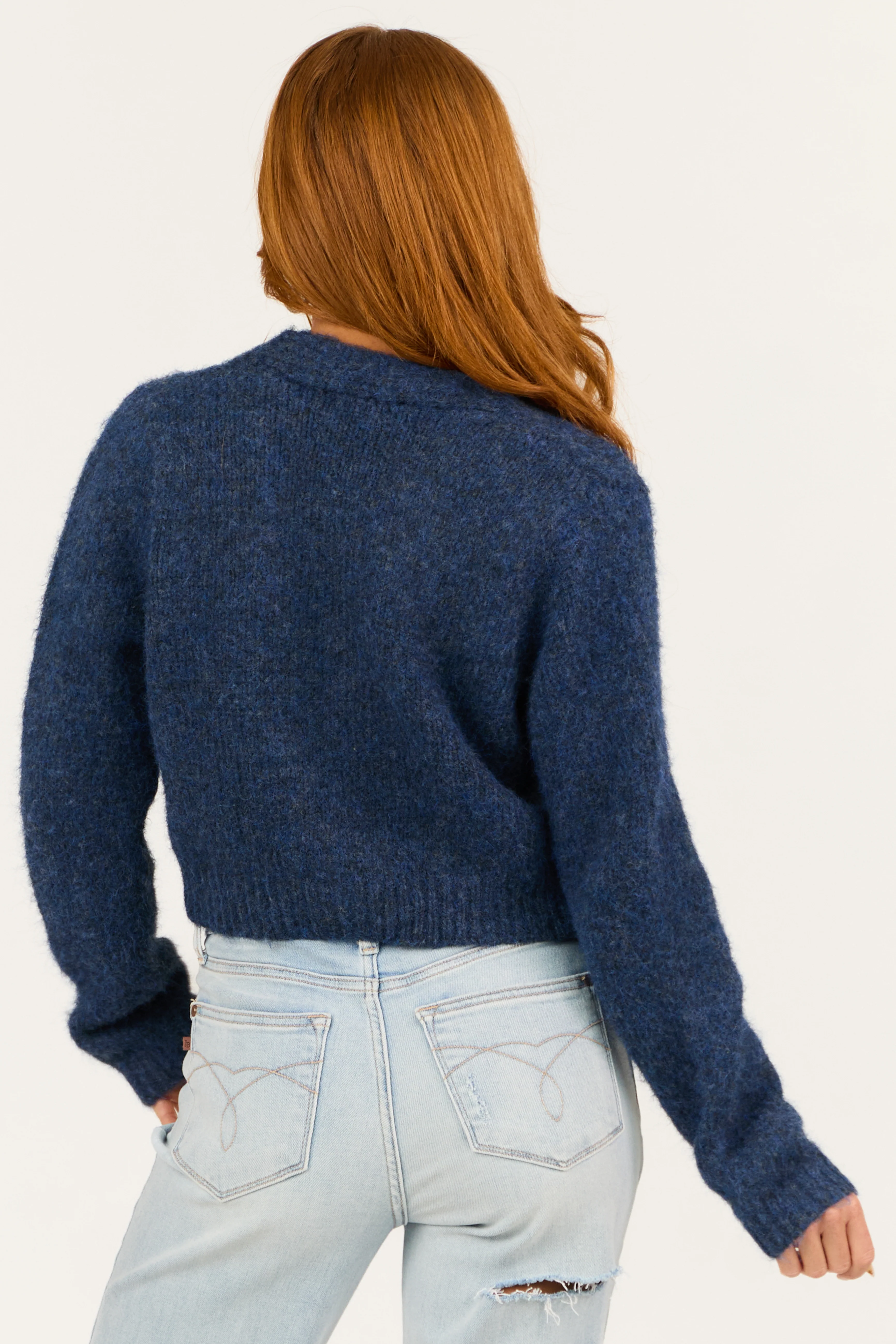 Heathered Navy Button Down Fuzzy Long Sleeve Cardigan - Image 5