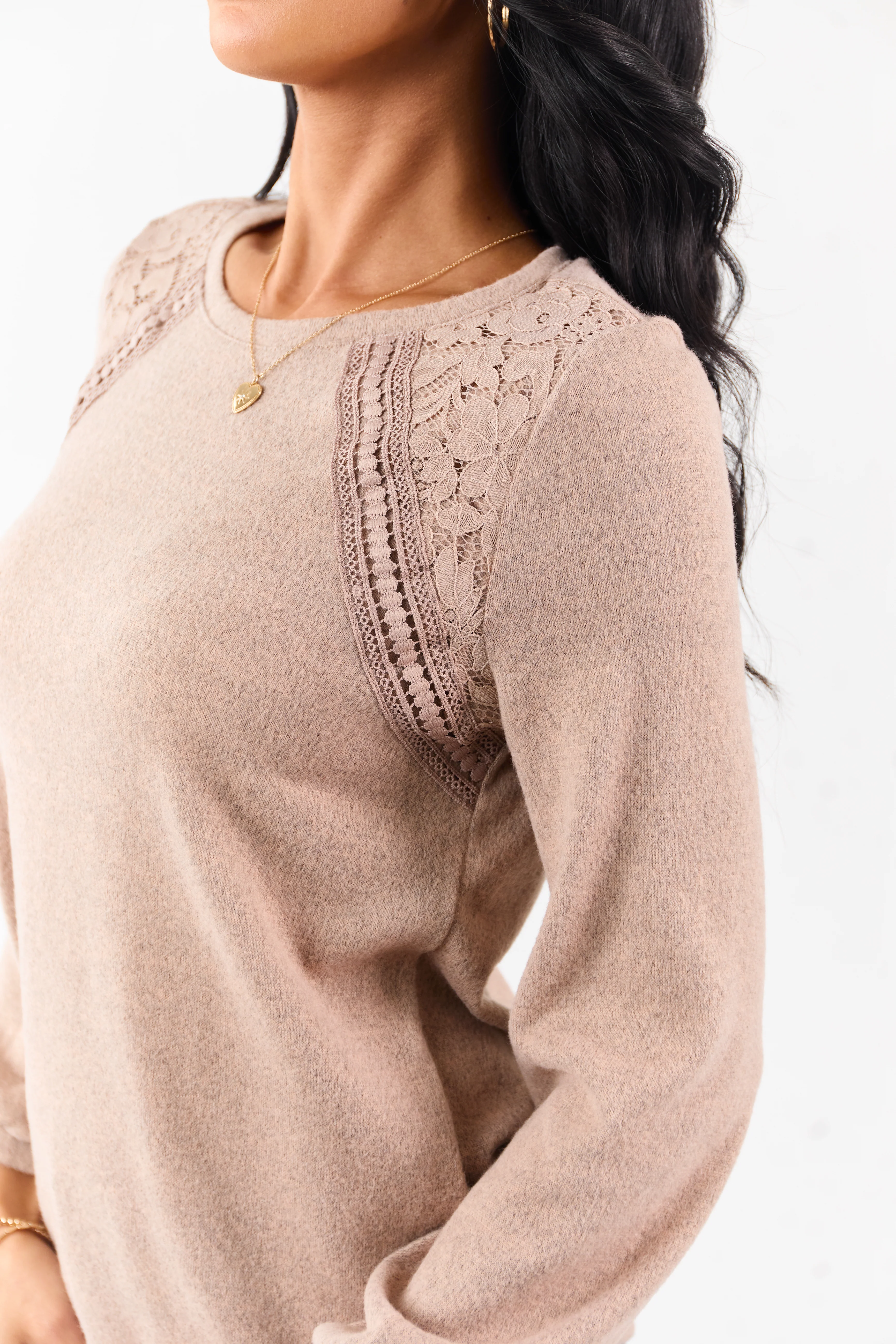 Heathered Rose Taupe Floral Lace Detail Sweater - Image 6