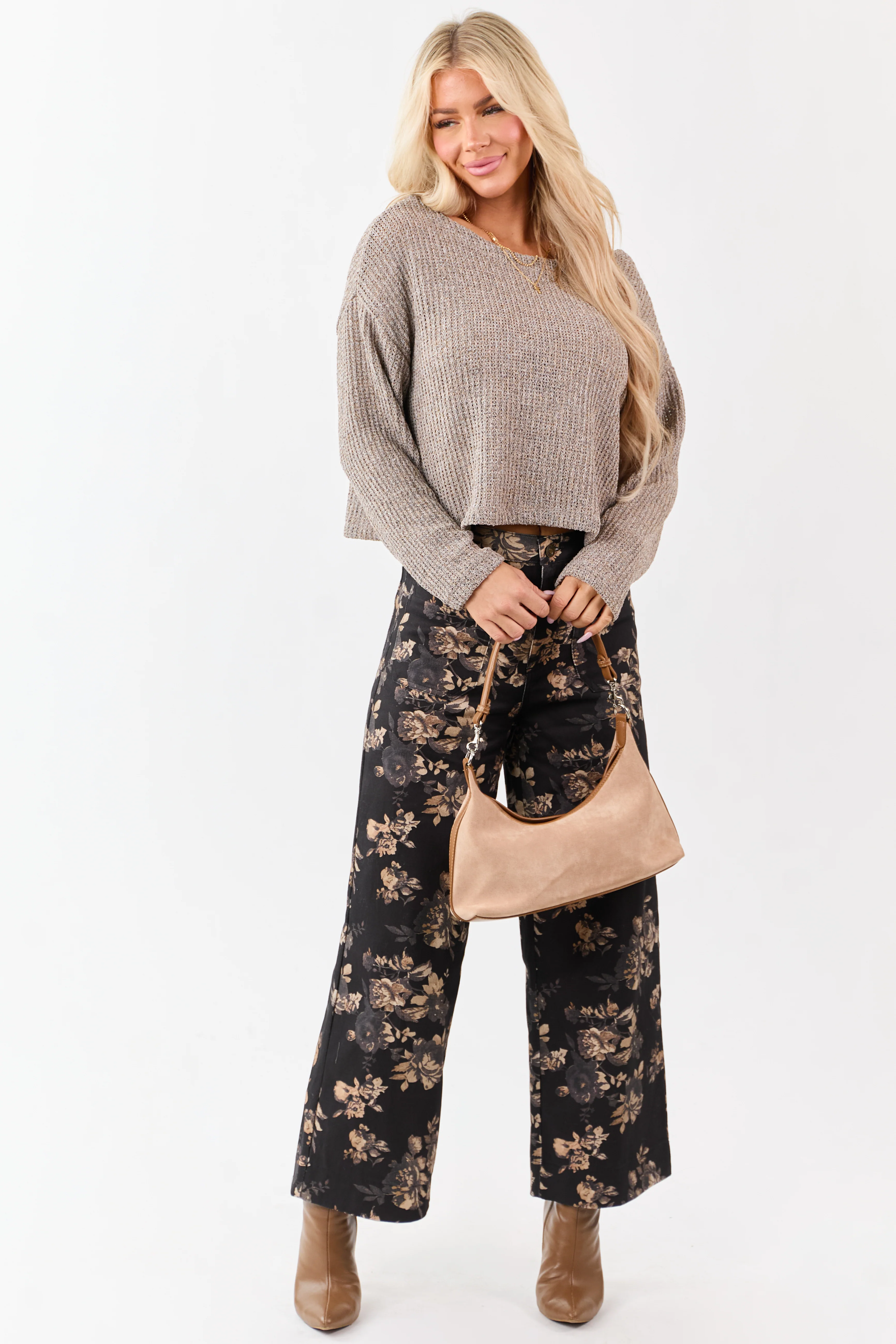 Heathered Taupe Open Knit Boxy Long Sleeve Top - Image 2