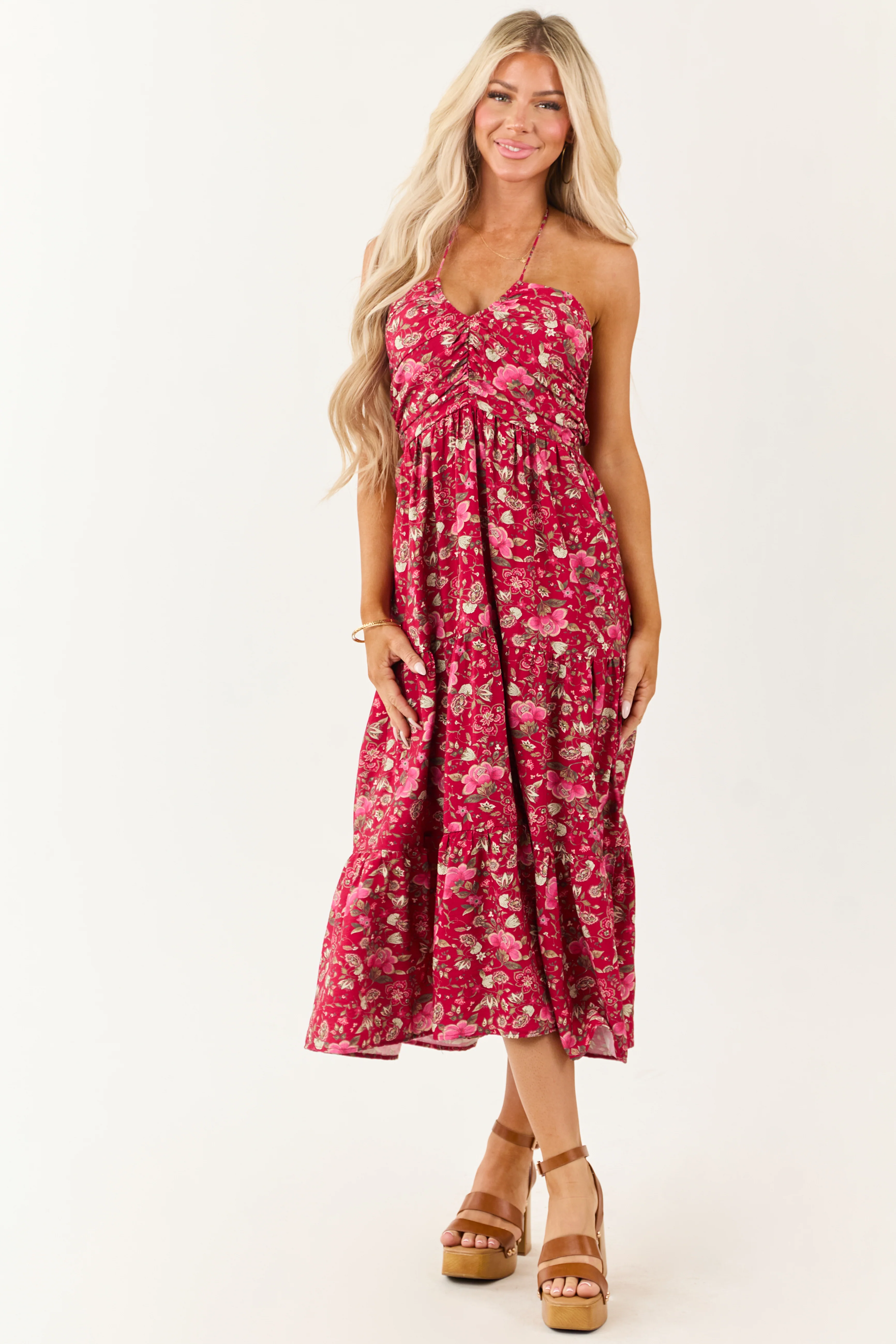 Hibiscus Floral Print Halter Tie Neck Midi Dress - Image 3