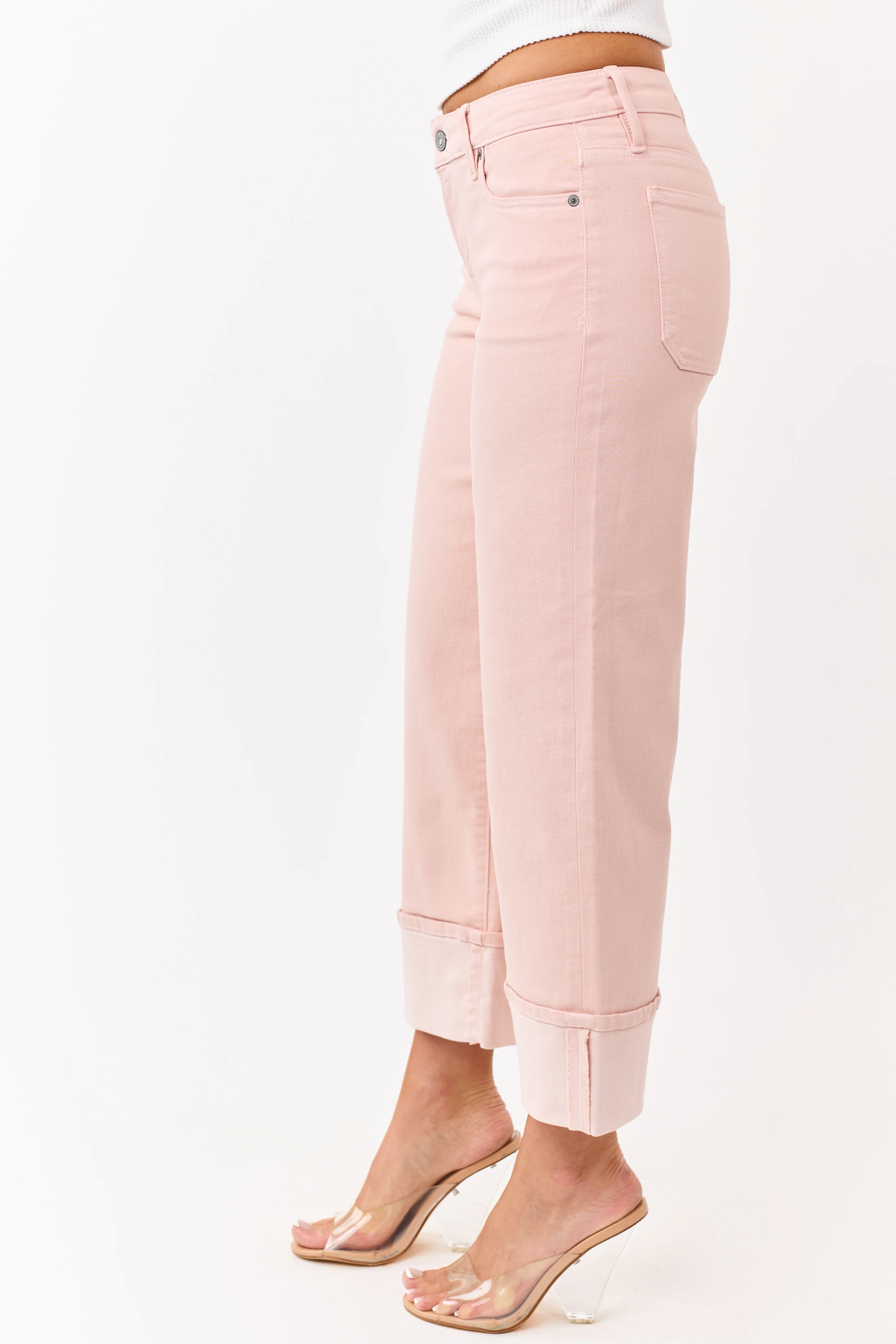 Hidden Premium Dusty Blush Cuffed Wide Stretch Jeans - Image 3