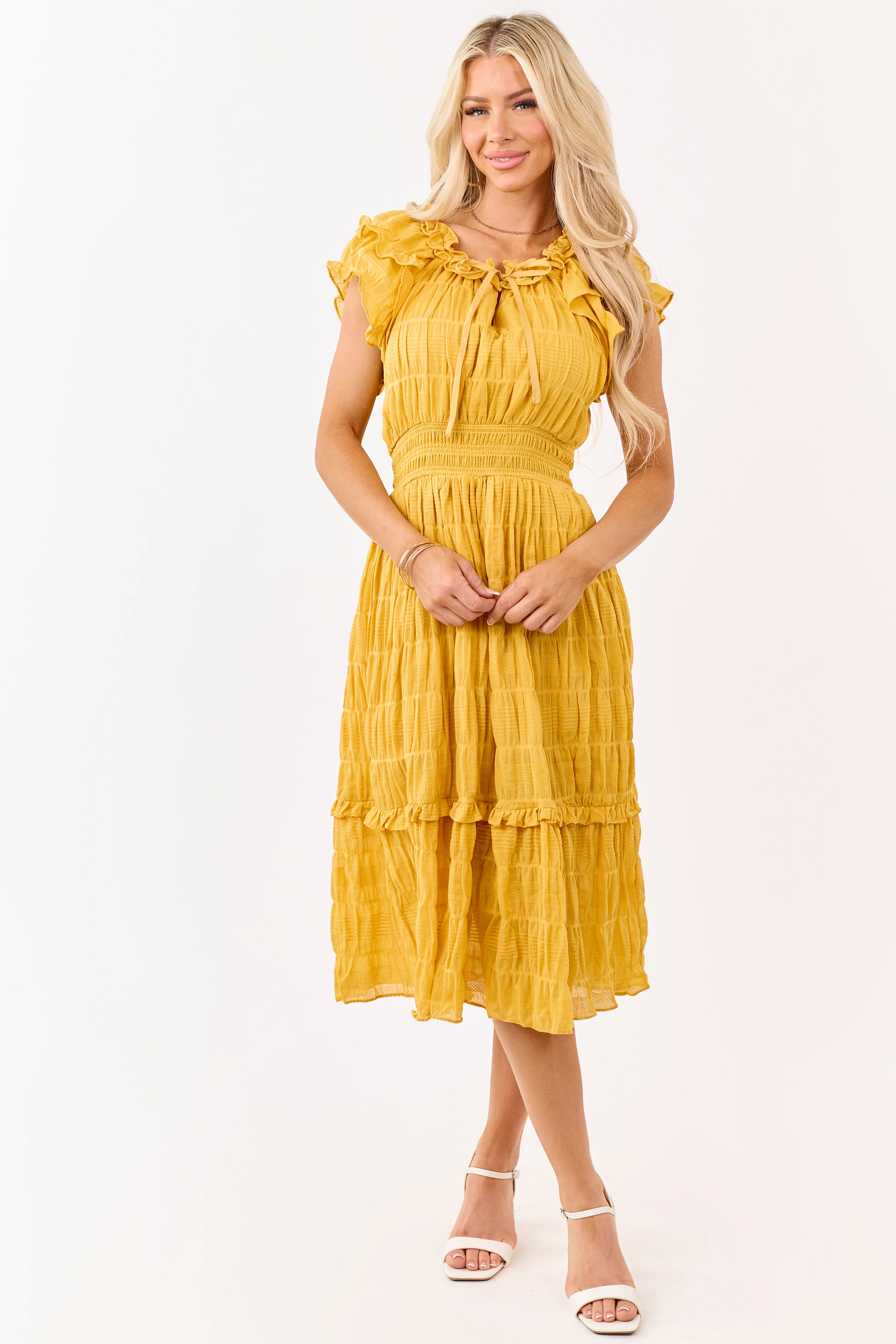 Honey Textured Flutter Sleeve Smocked Midi Dress - Image 2