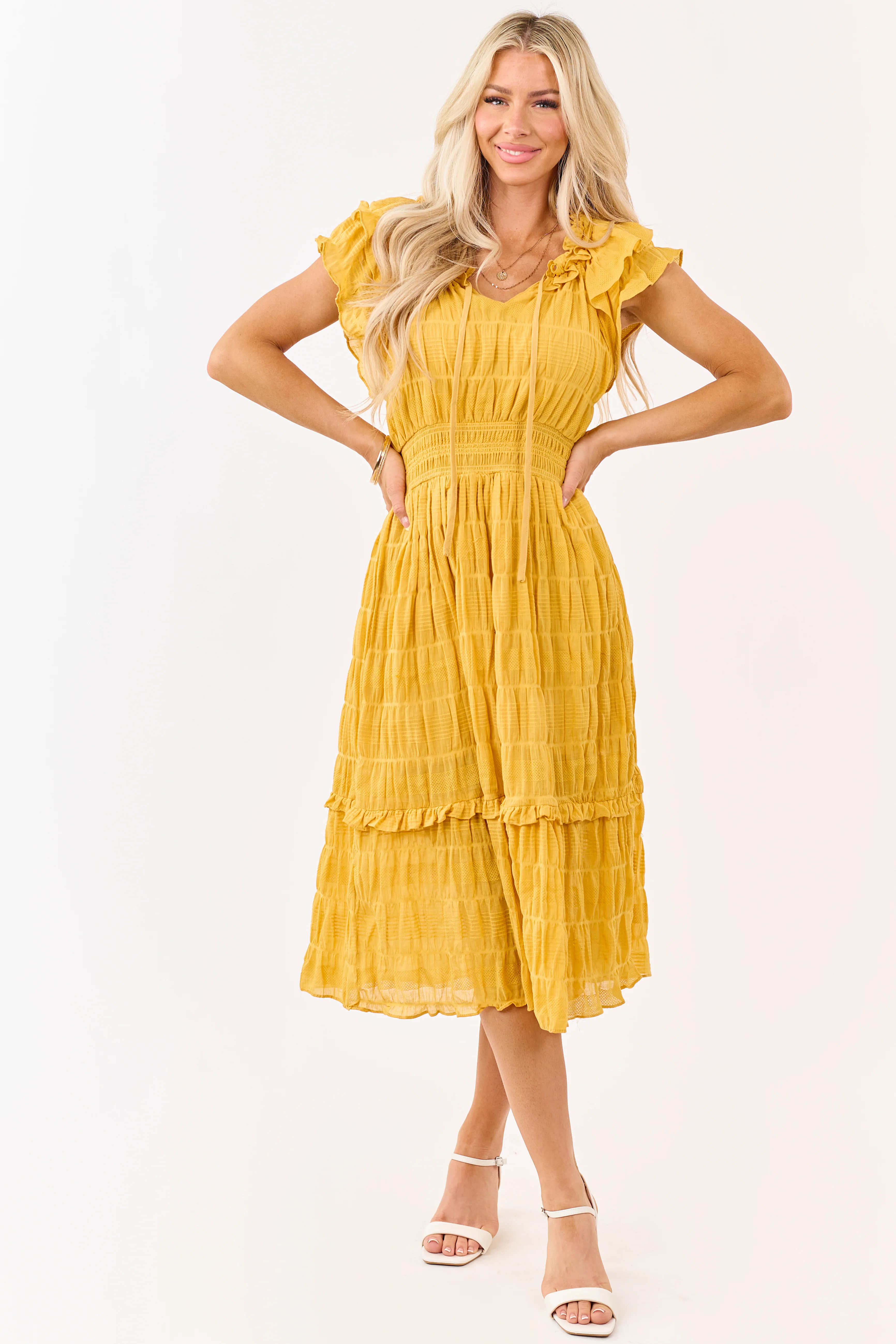 Honey Textured Flutter Sleeve Smocked Midi Dress - Image 3