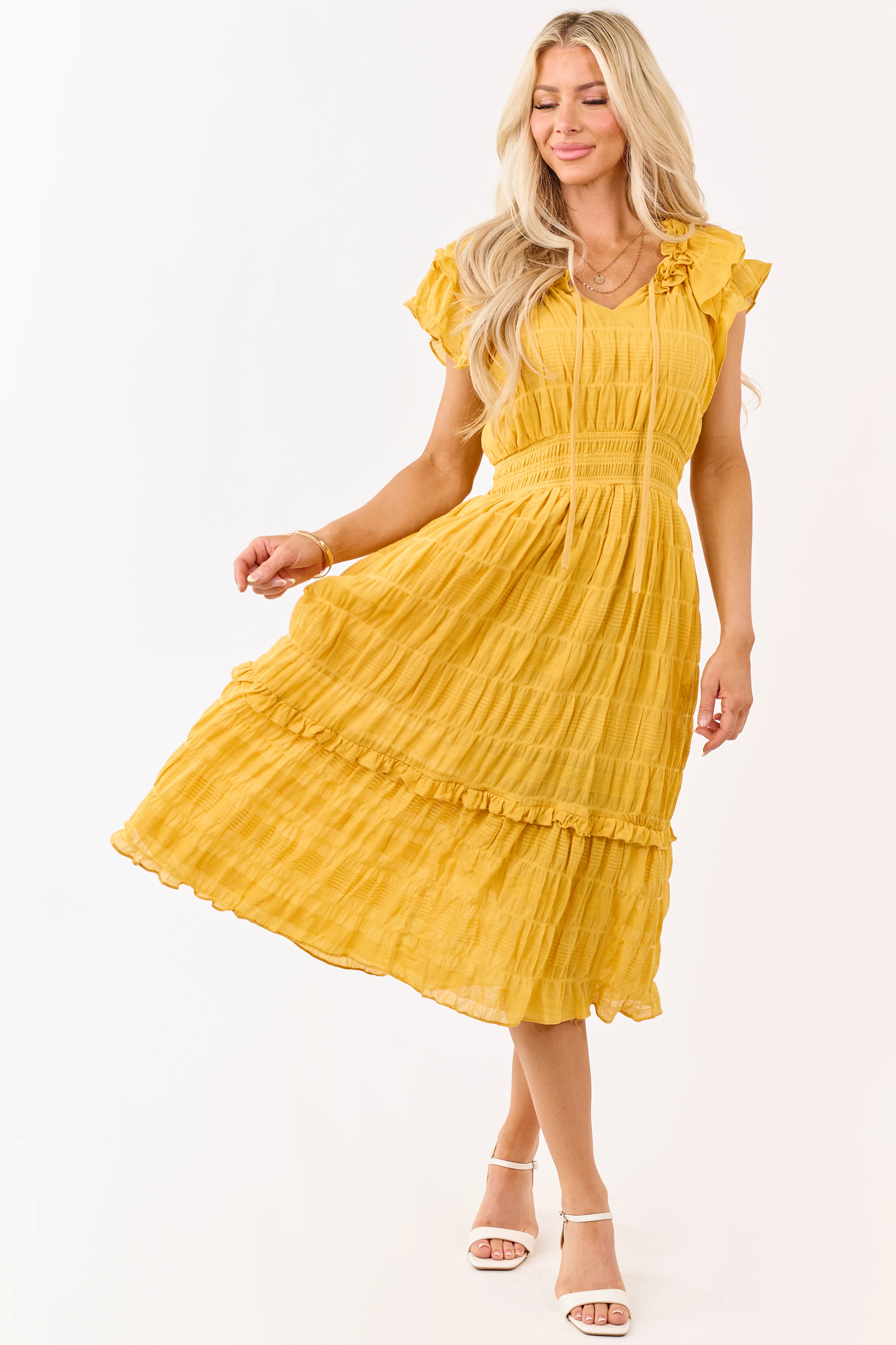 Honey Textured Flutter Sleeve Smocked Midi Dress - Image 4